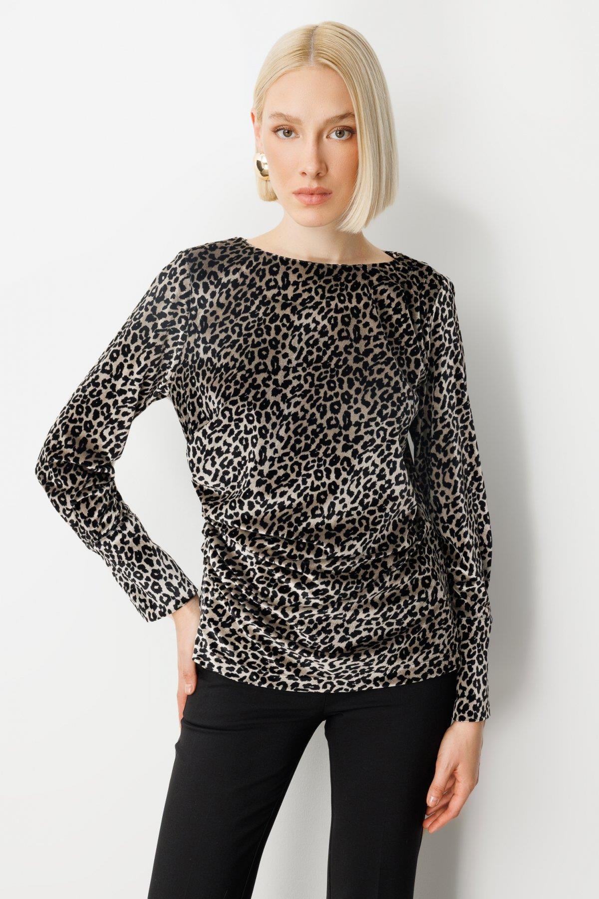 Draped Leopard Print Velvet Blouse