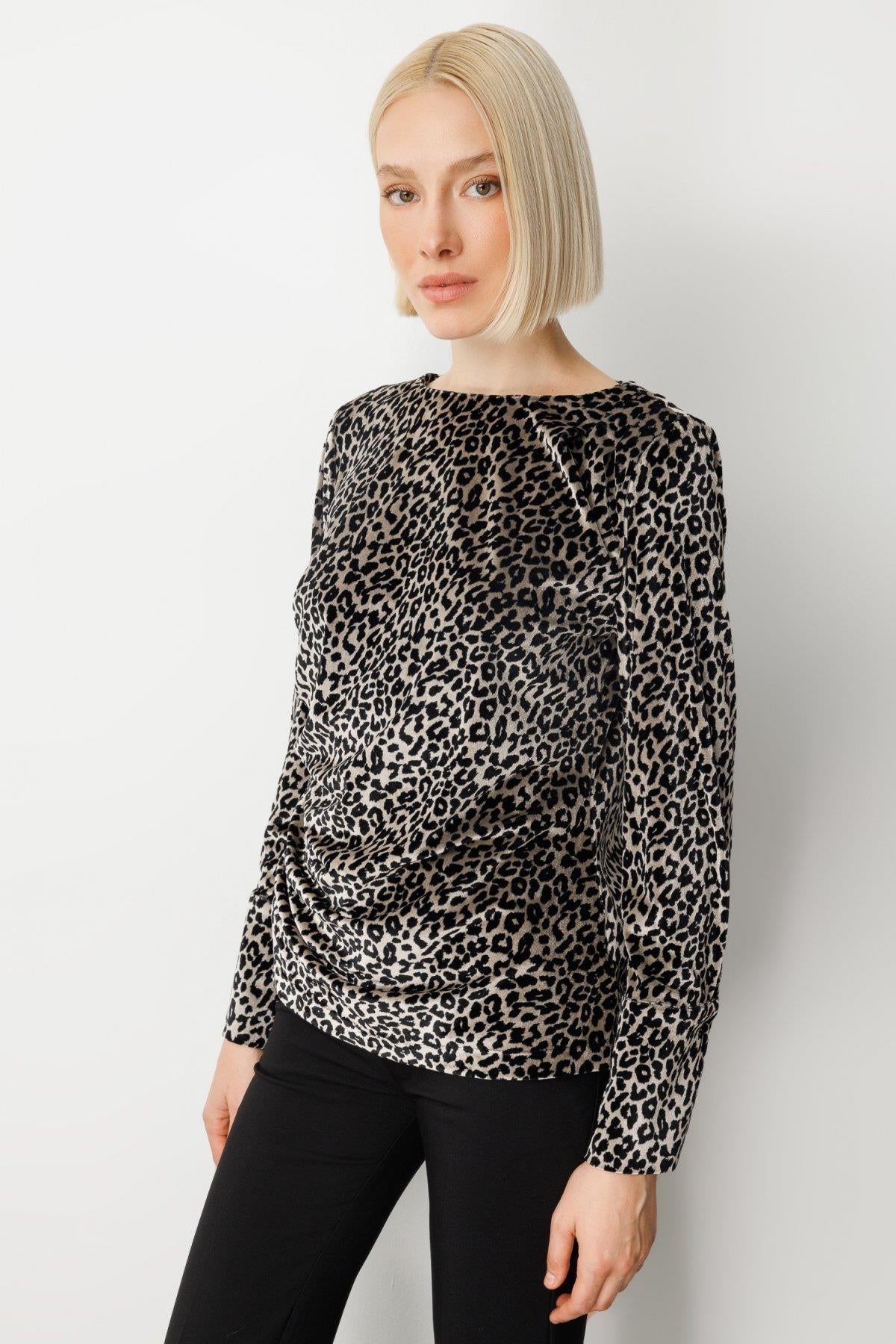 Draped Leopard Print Velvet Blouse