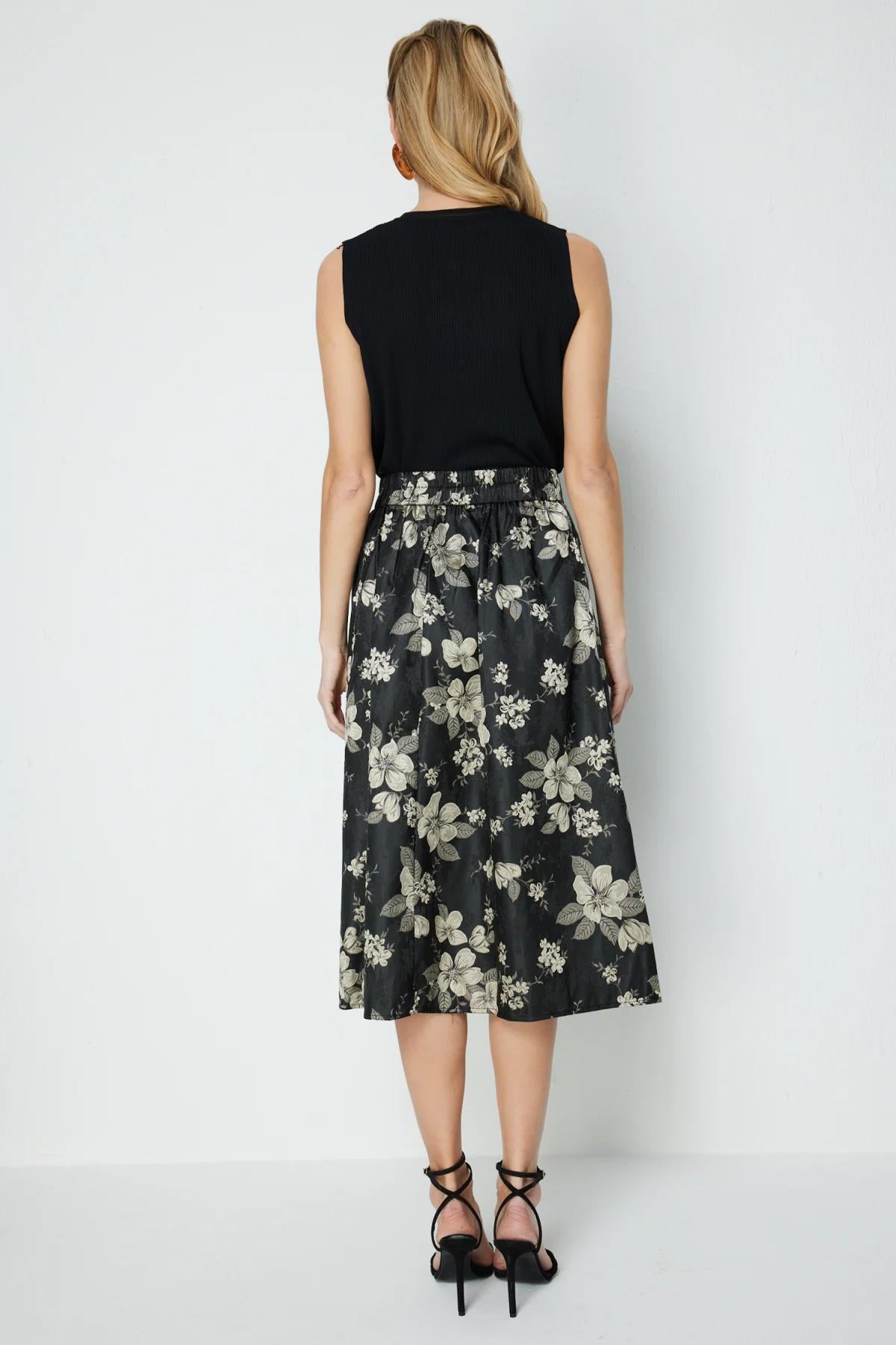 Çiçek Desenli Pileli Midi Etek