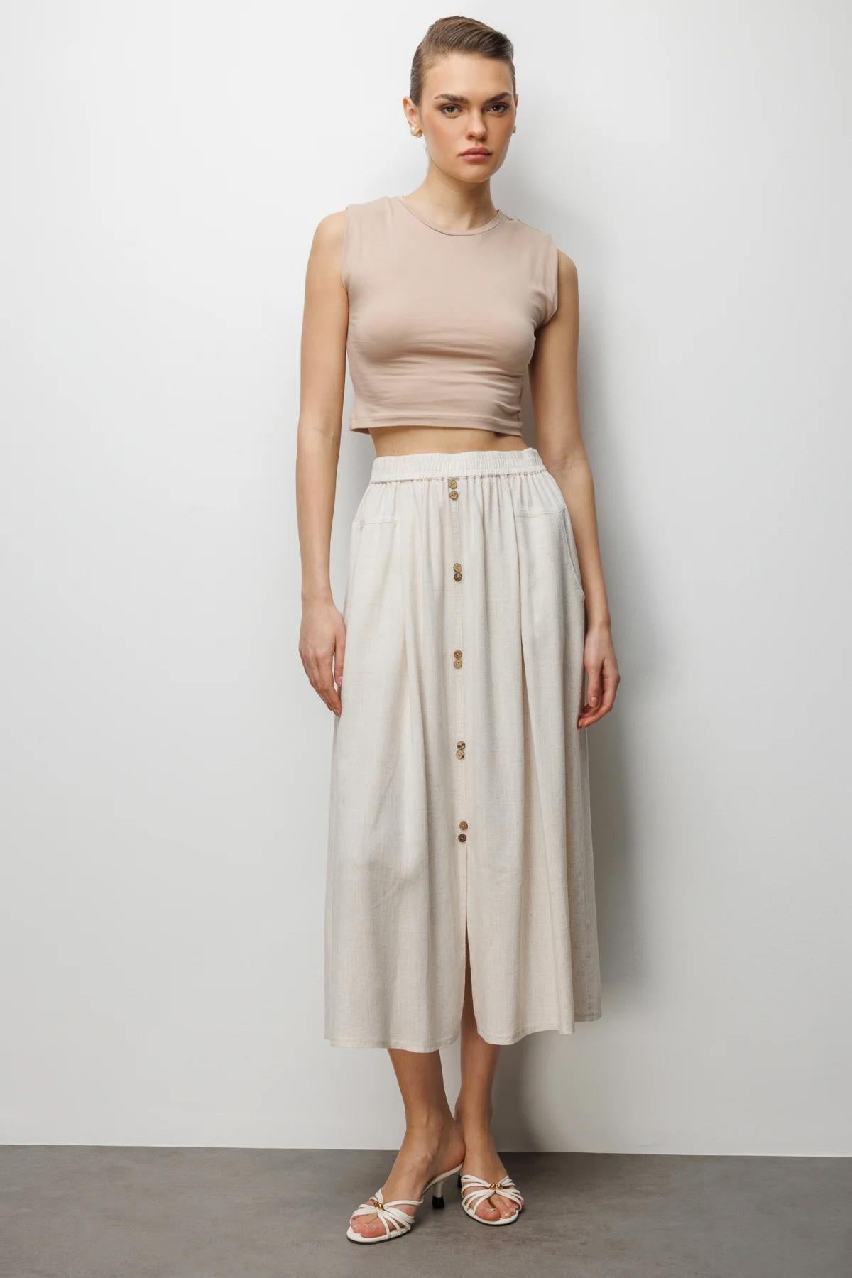 Front Buttoned Linen Midi Skirt with Pocket Detail