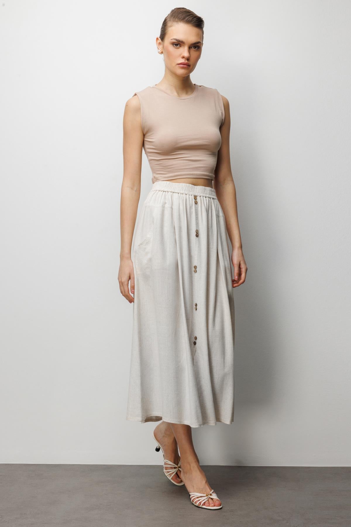 Front Buttoned Linen Midi Skirt with Pocket Detail