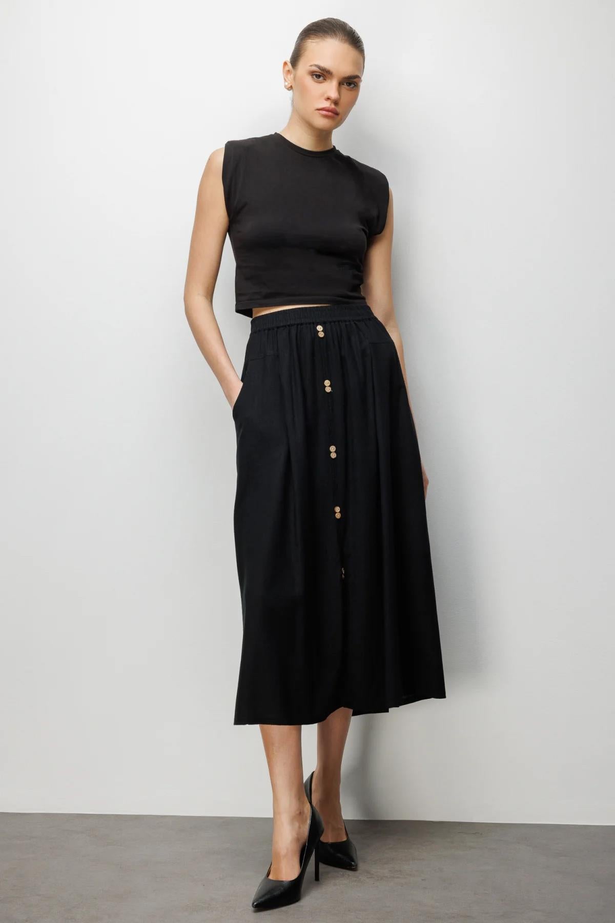 Front Buttoned Linen Midi Skirt with Pocket Detail