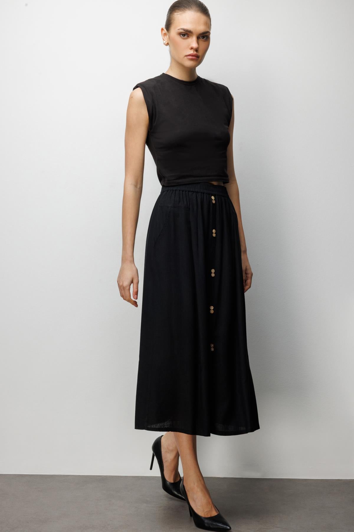 Front Buttoned Linen Midi Skirt with Pocket Detail