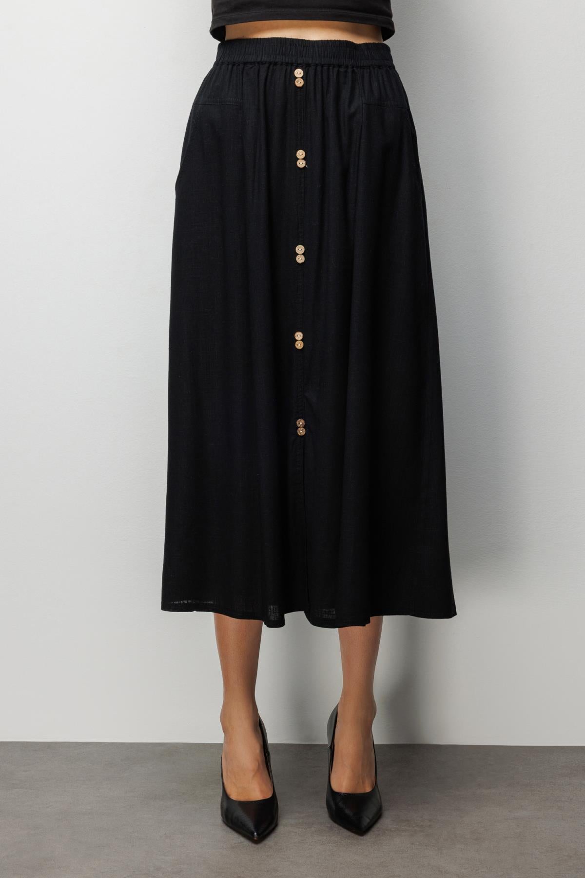 Front Buttoned Linen Midi Skirt with Pocket Detail