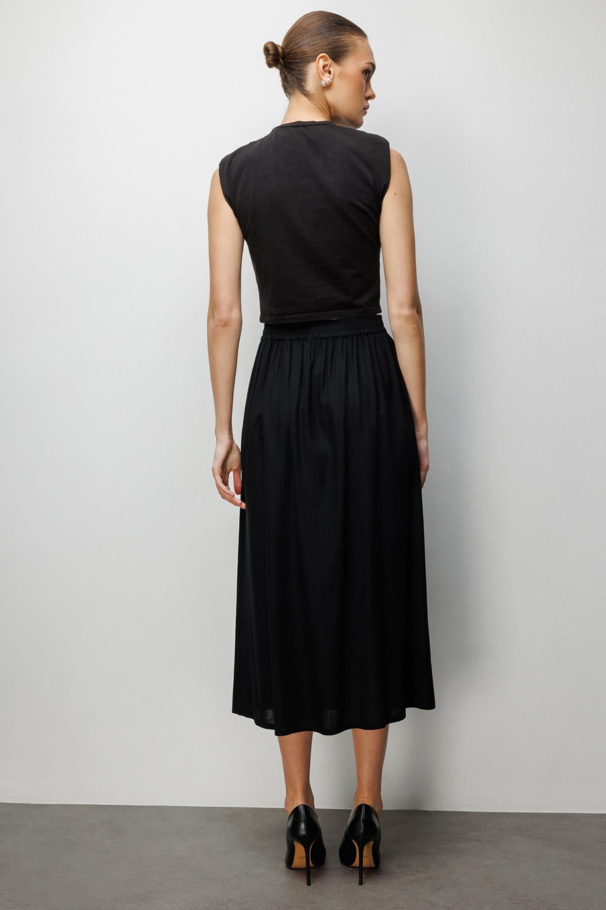 Front Buttoned Linen Midi Skirt with Pocket Detail