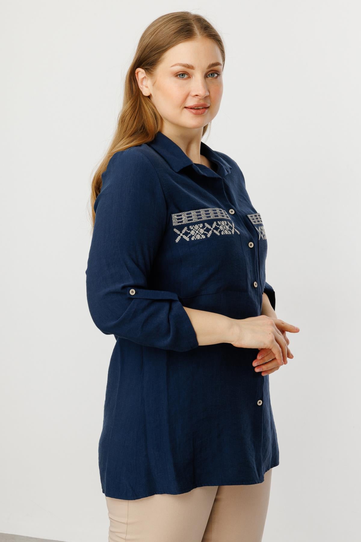 Embroidered Plus Size Blouse with Pocket