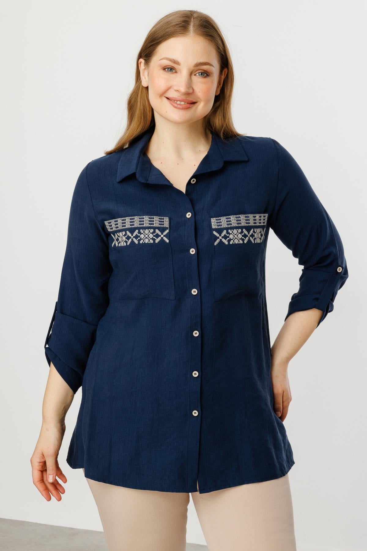 Embroidered Plus Size Blouse with Pocket