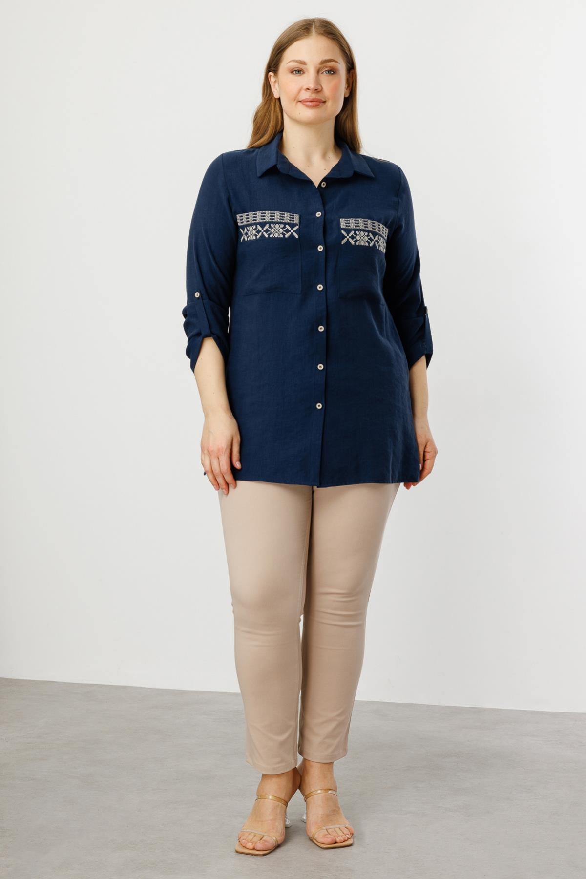 Embroidered Plus Size Blouse with Pocket