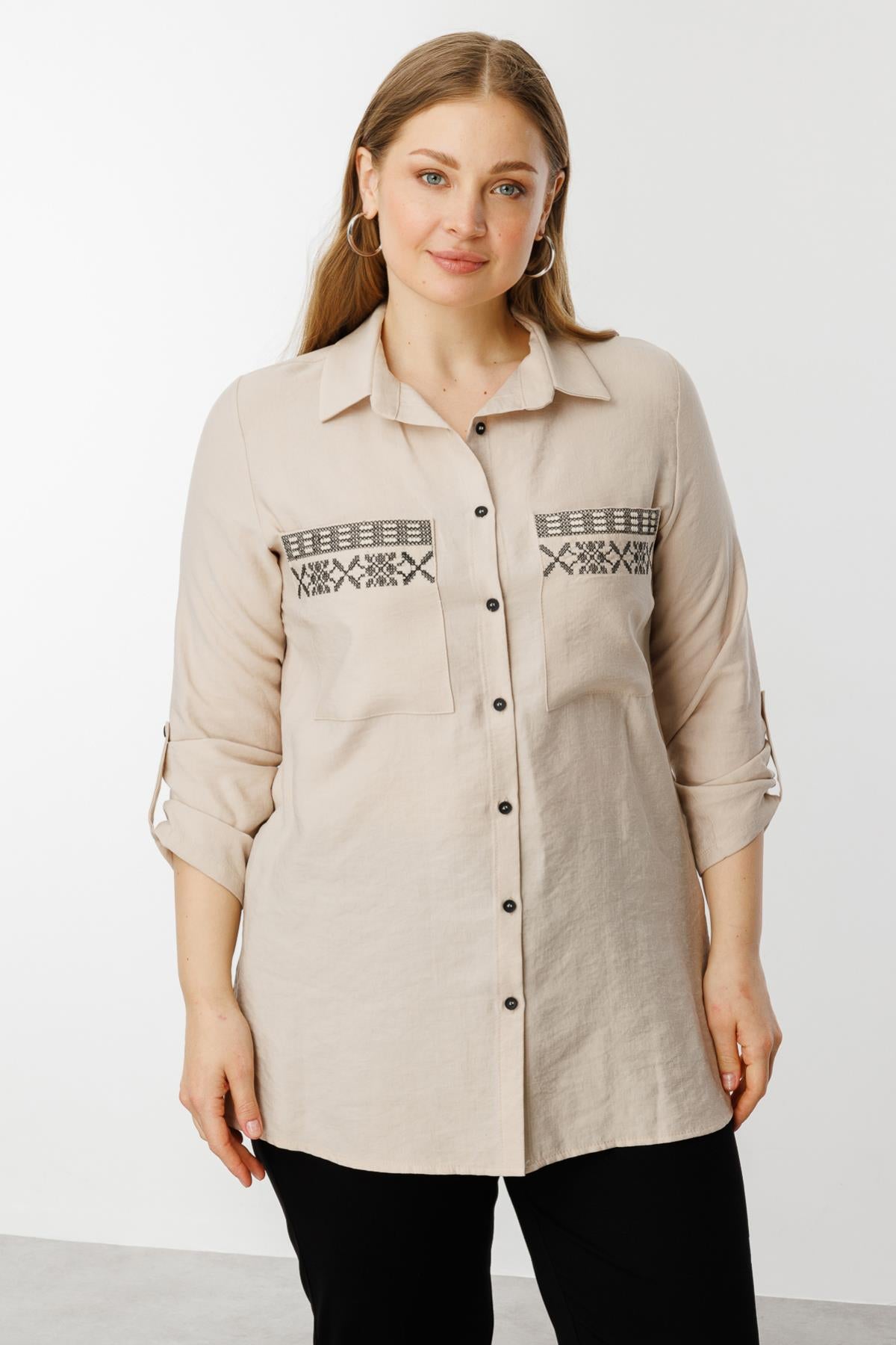 Embroidered Plus Size Blouse with Pocket