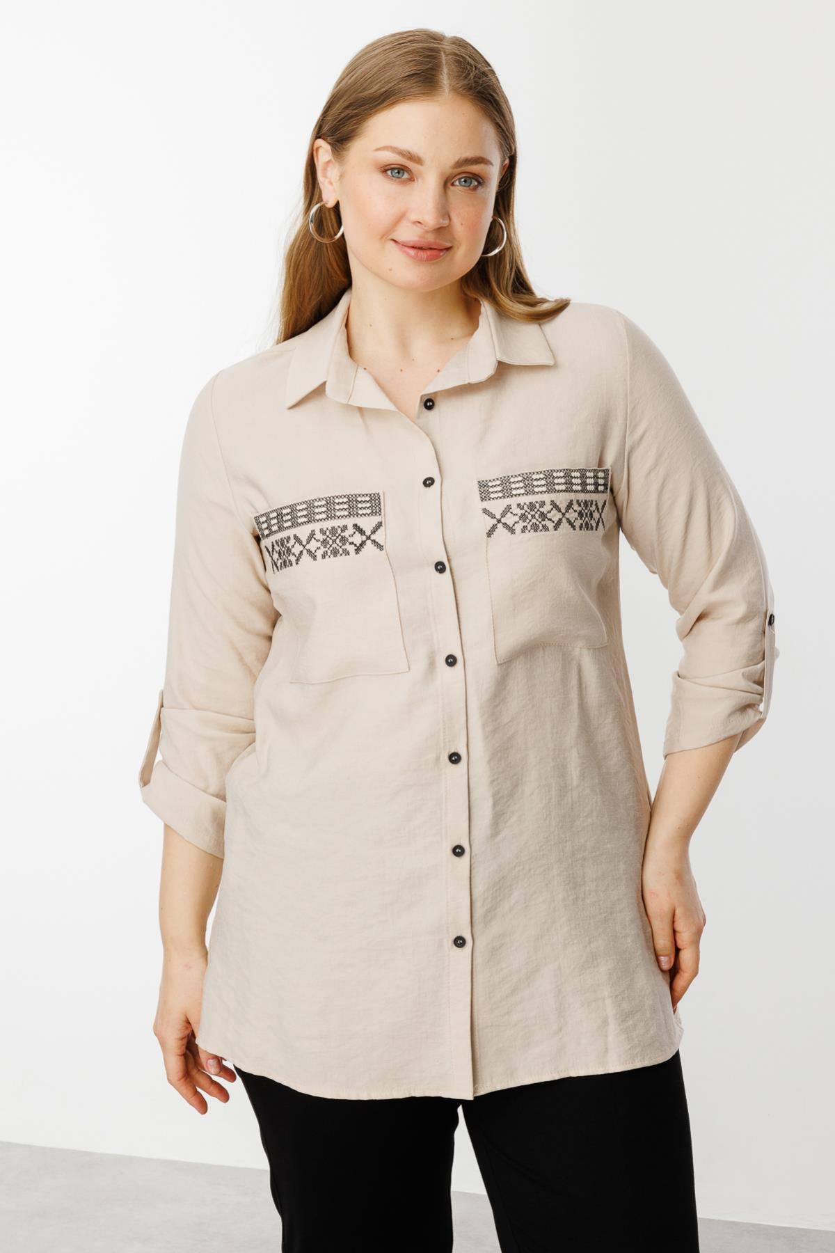 Embroidered Plus Size Blouse with Pocket