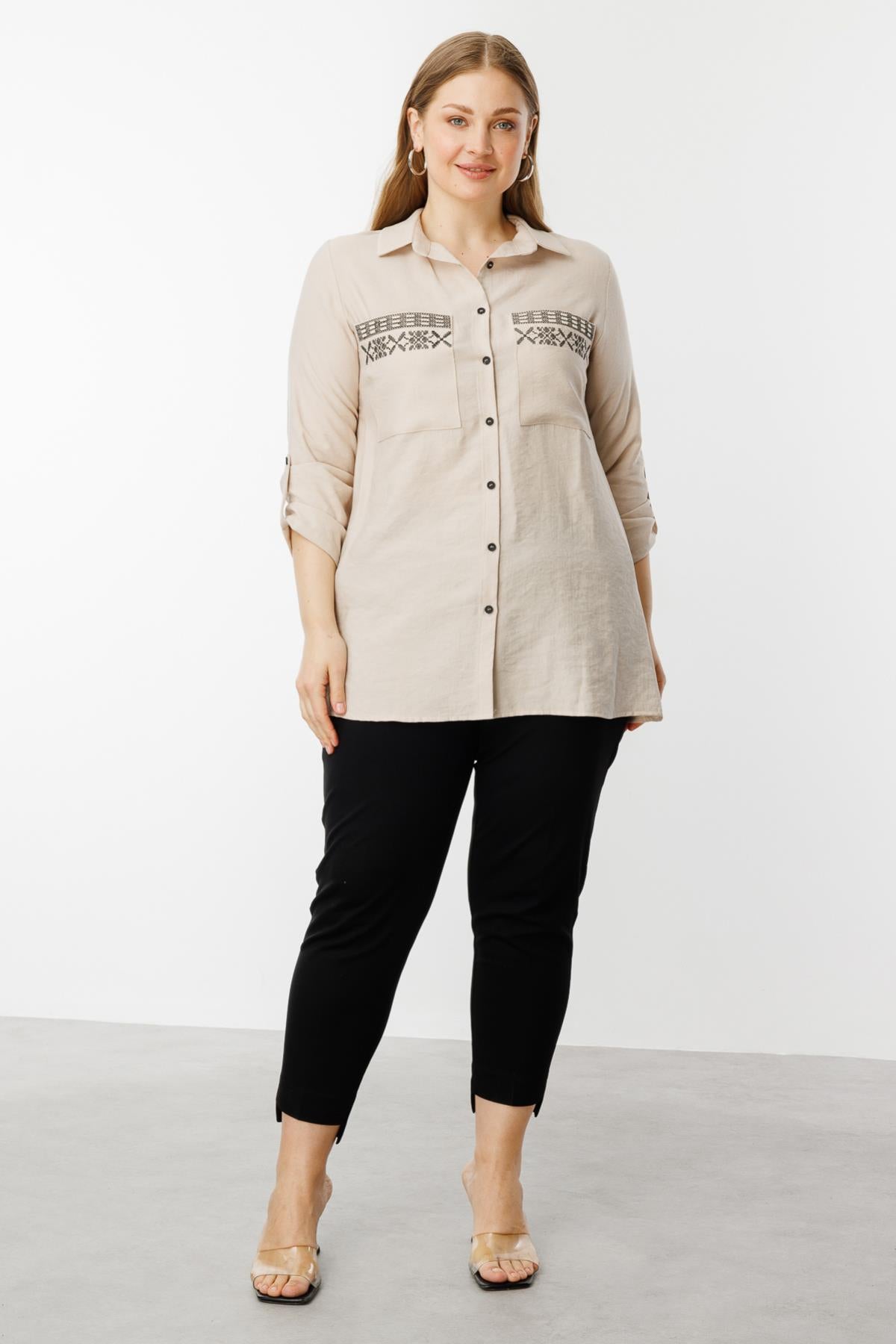 Embroidered Plus Size Blouse with Pocket
