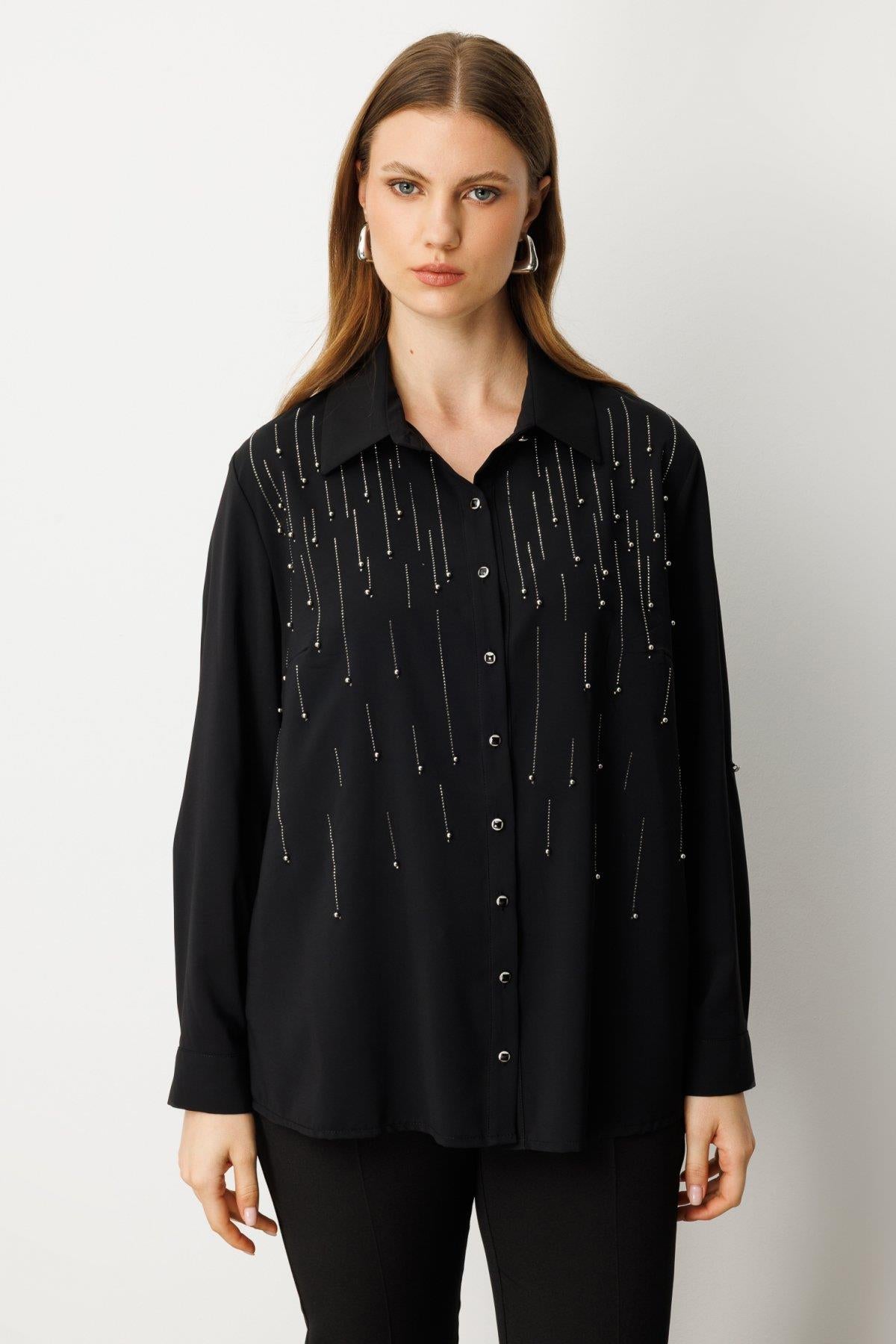 Önü Taşlı Boncuklu Büyük Beden Bluz