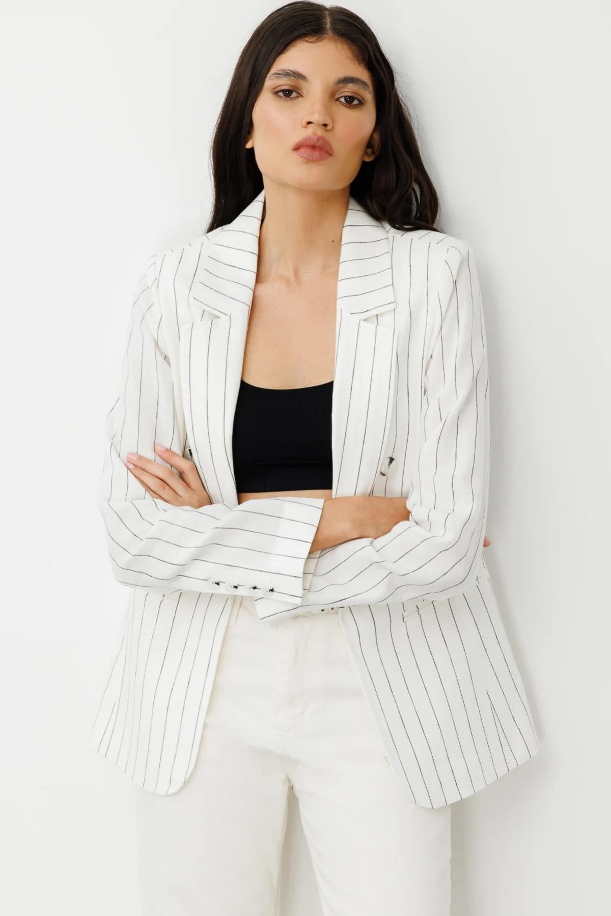 Kapalı Cep Detaylı Astarsız Keten Ceket