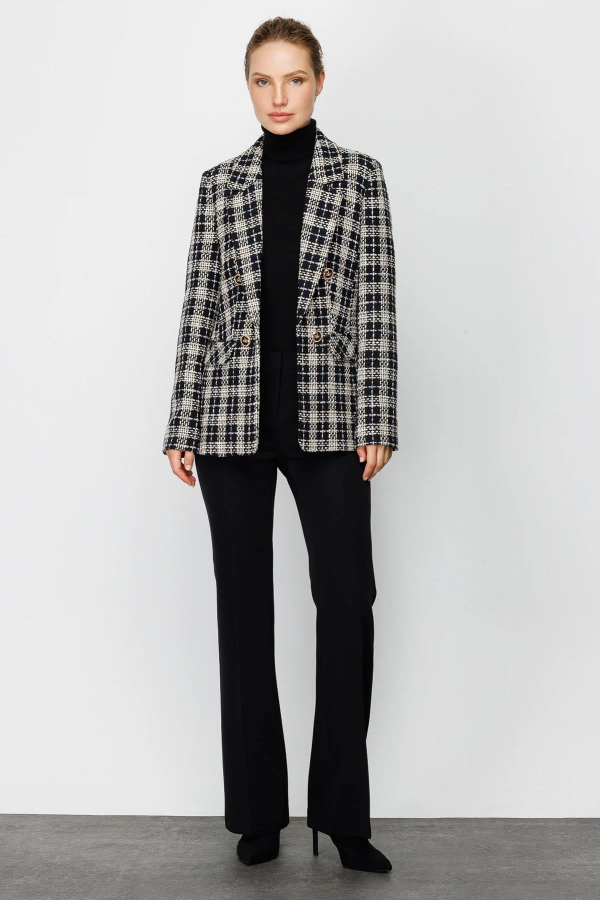 Ekoseli Önü Açık Kadın Blazer Ceket