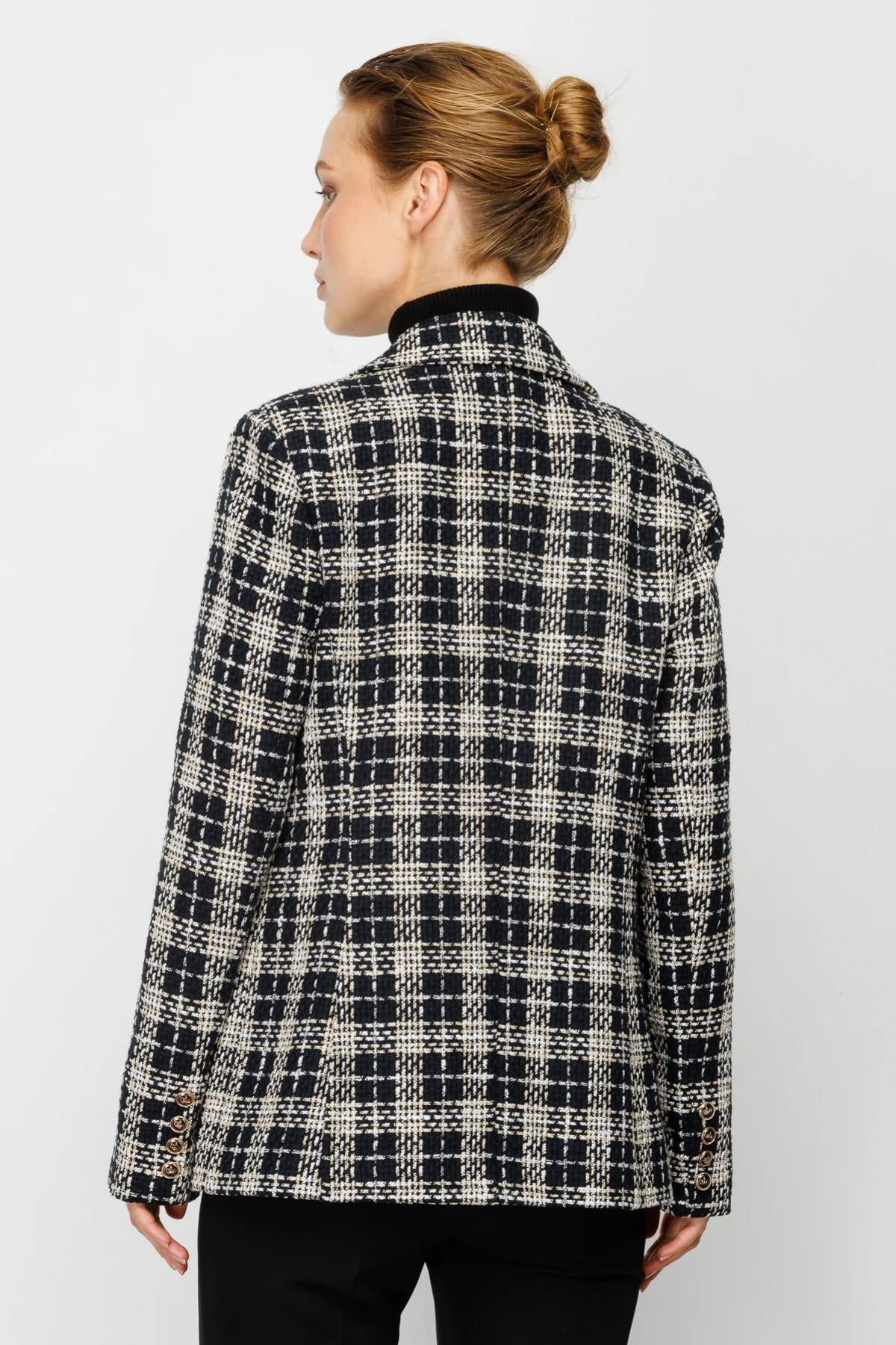 Ekoseli Önü Açık Kadın Blazer Ceket