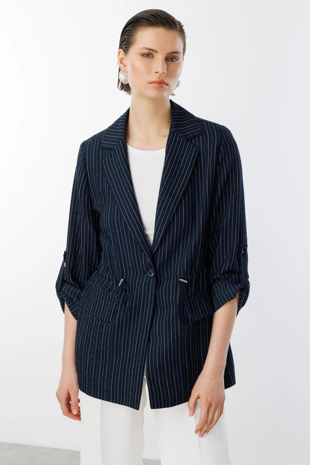 Striped Jacket with Folded Sleeves and Flap Pockets