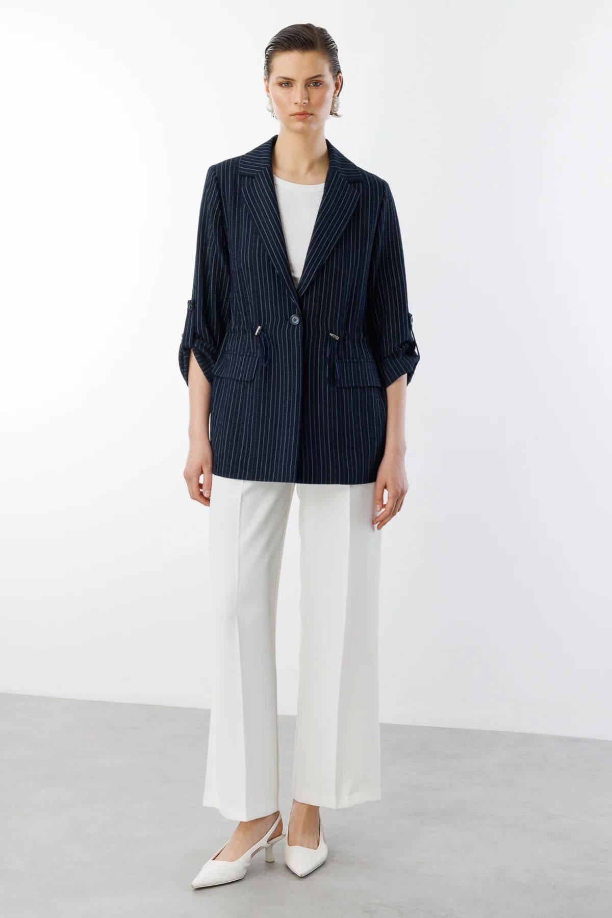 Striped Jacket with Folded Sleeves and Flap Pockets