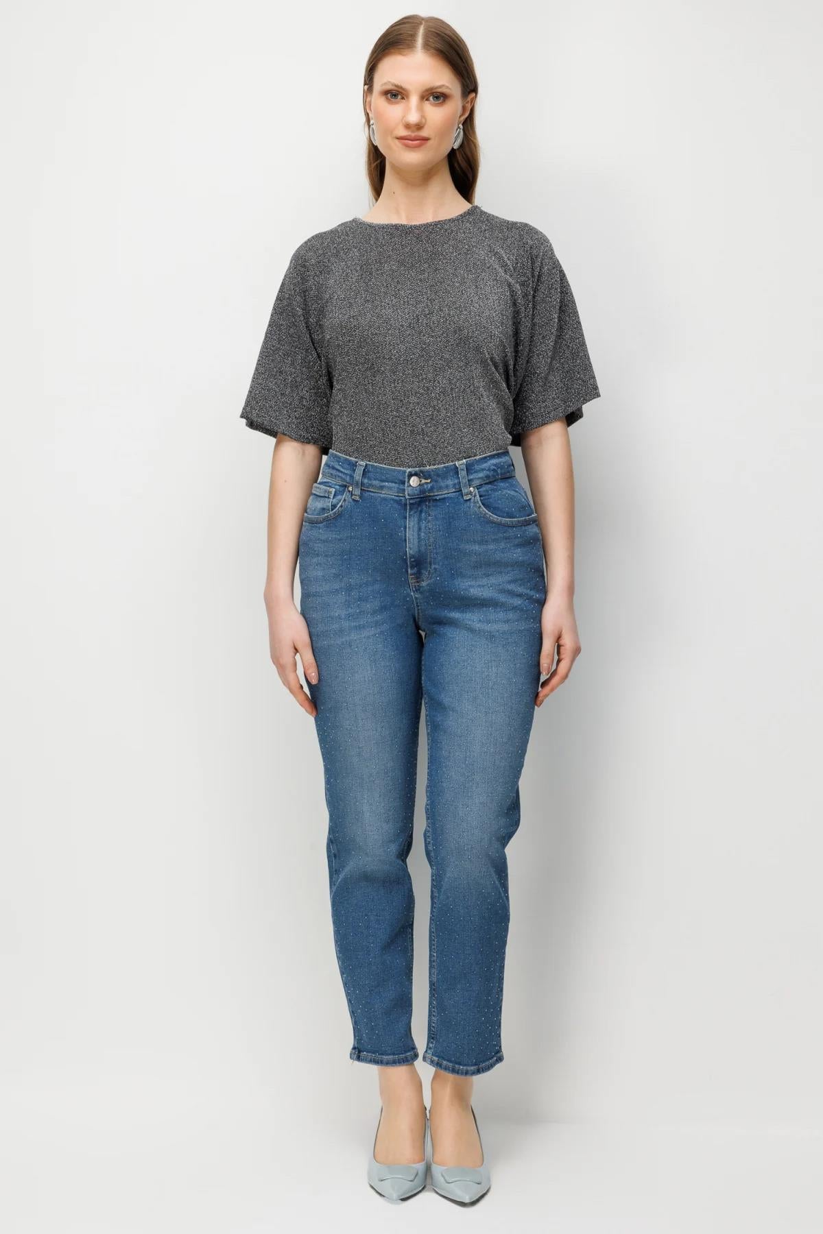 Taş Detaylı Dar Paça Büyük Beden Kot Pantolon