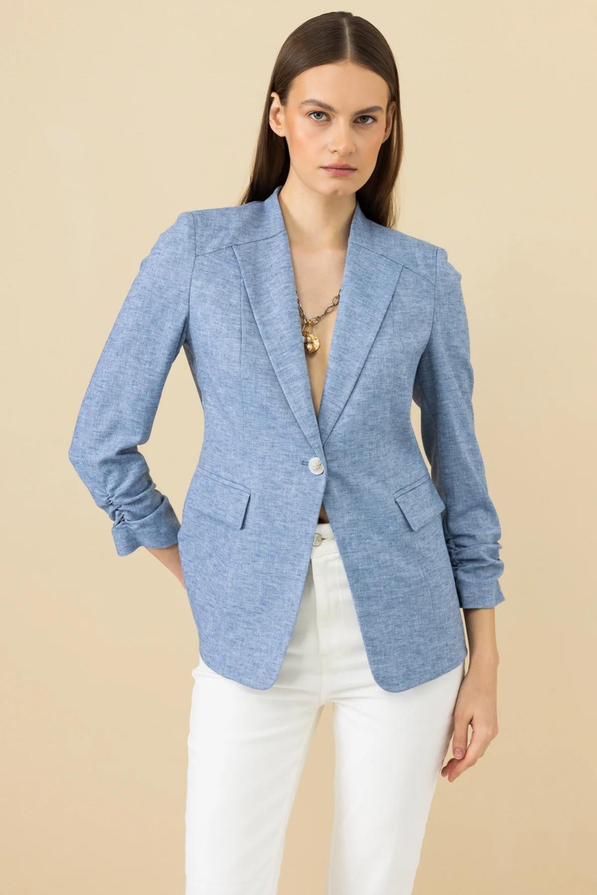 Jacket with Drawstring Sleeve and Decorative Flap Pocket