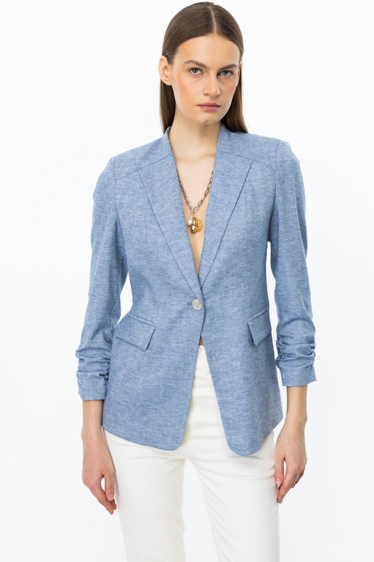 Jacket with Drawstring Sleeve and Decorative Flap Pocket