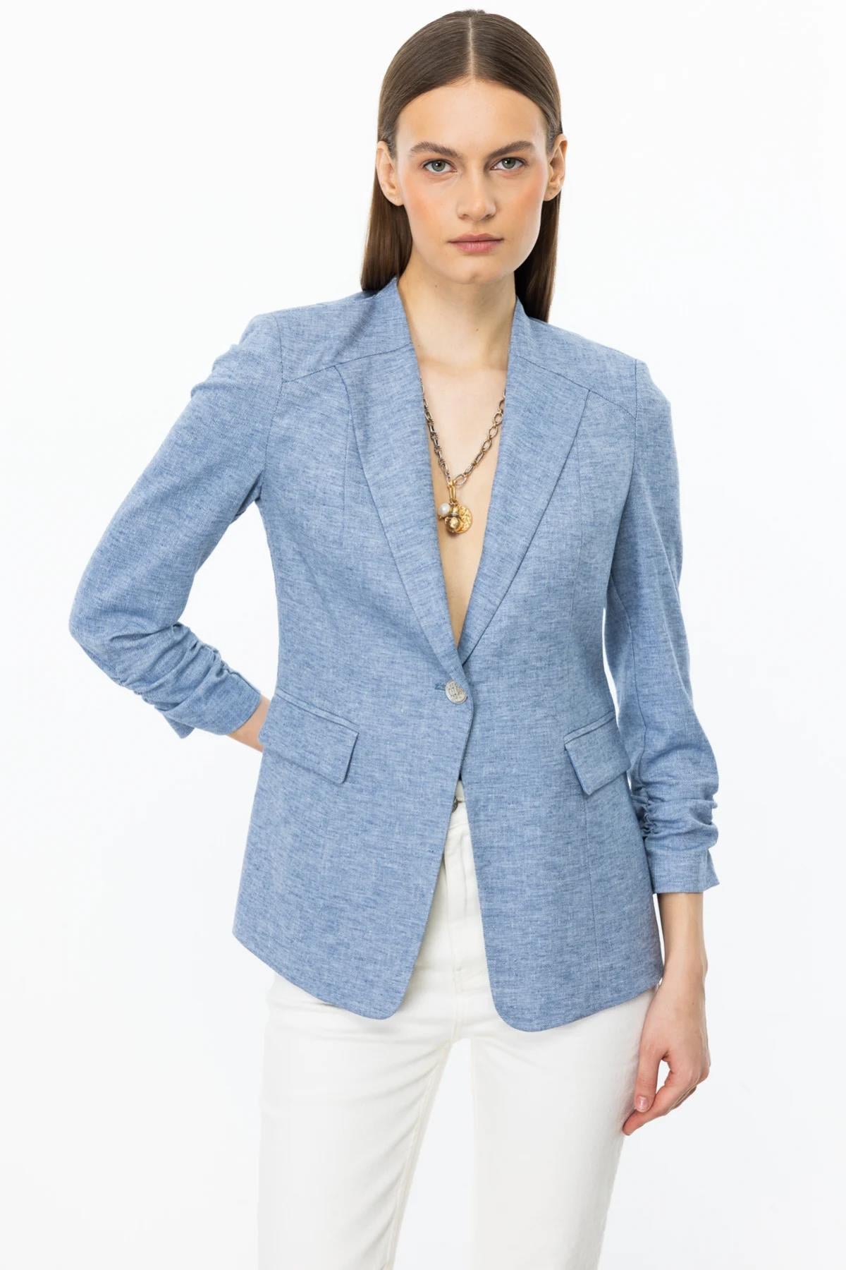 Jacket with Drawstring Sleeve and Decorative Flap Pocket