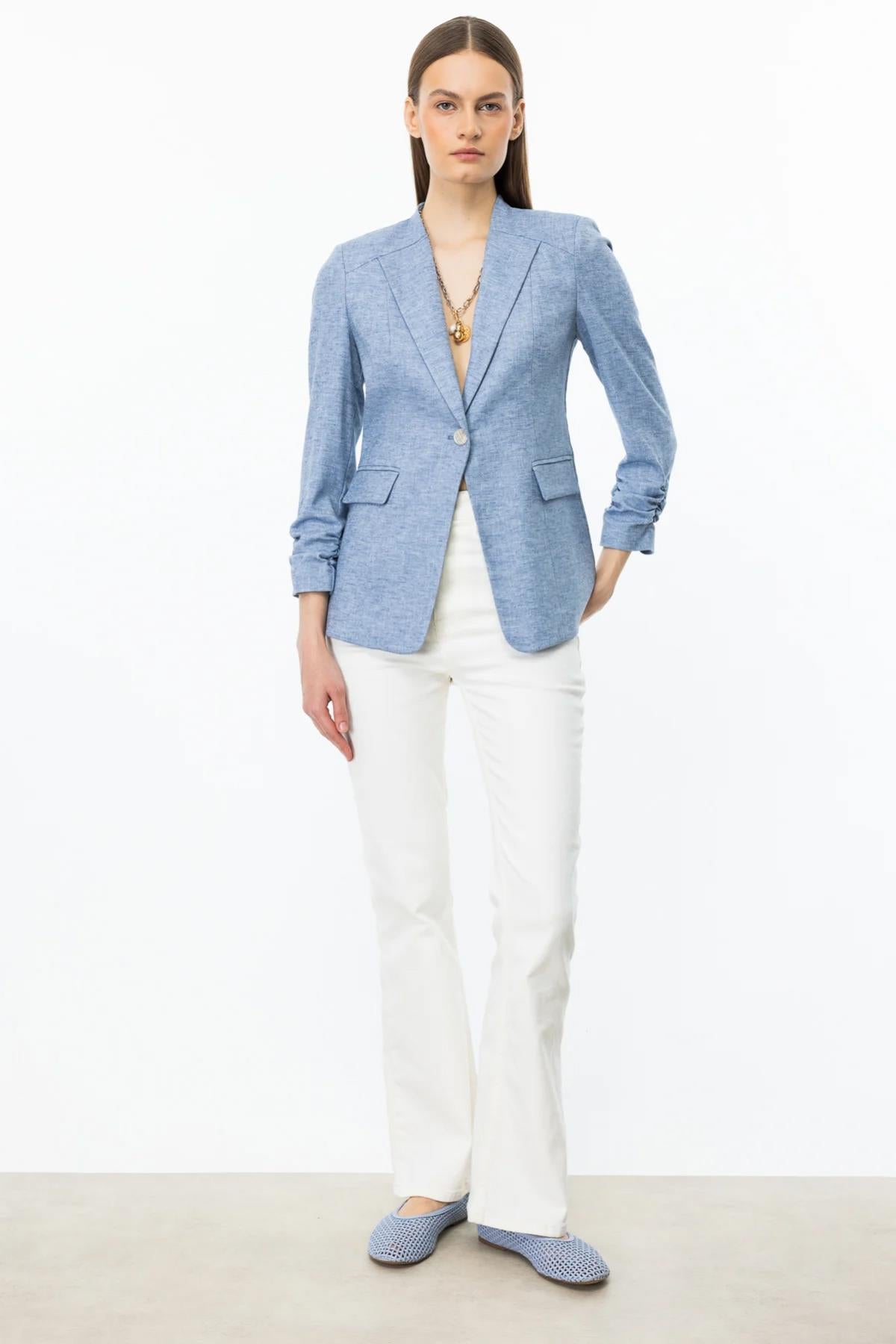 Jacket with Drawstring Sleeve and Decorative Flap Pocket