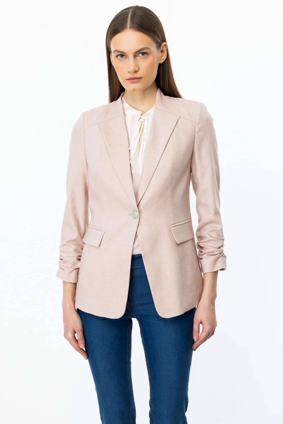 Jacket with Drawstring Sleeve and Decorative Flap Pocket