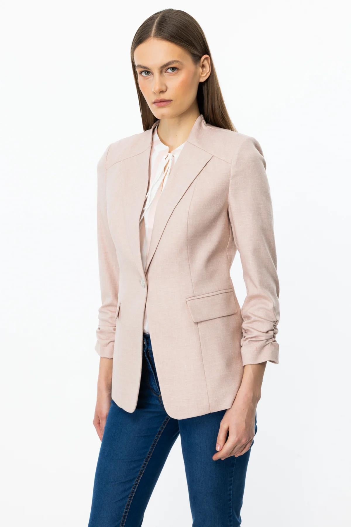 Jacket with Drawstring Sleeve and Decorative Flap Pocket