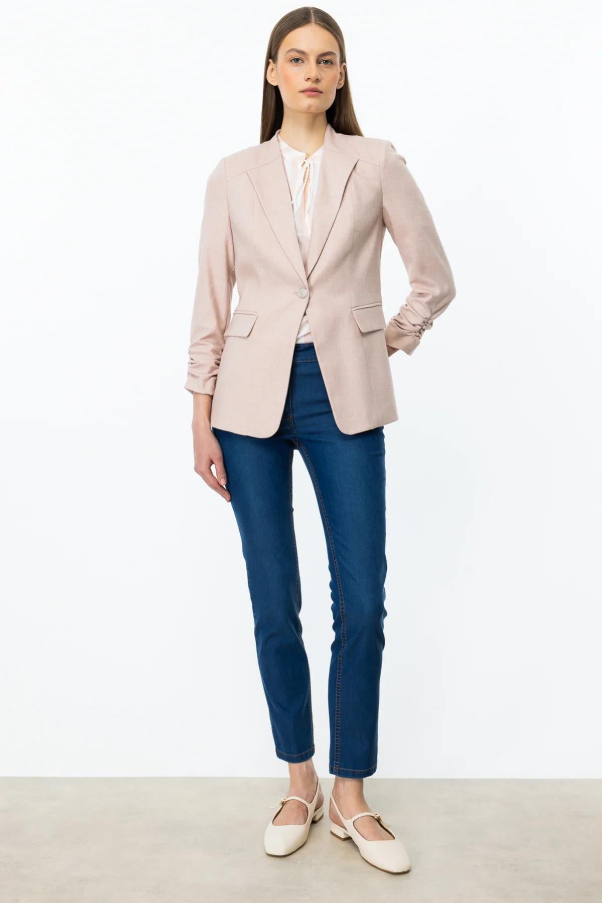 Jacket with Drawstring Sleeve and Decorative Flap Pocket