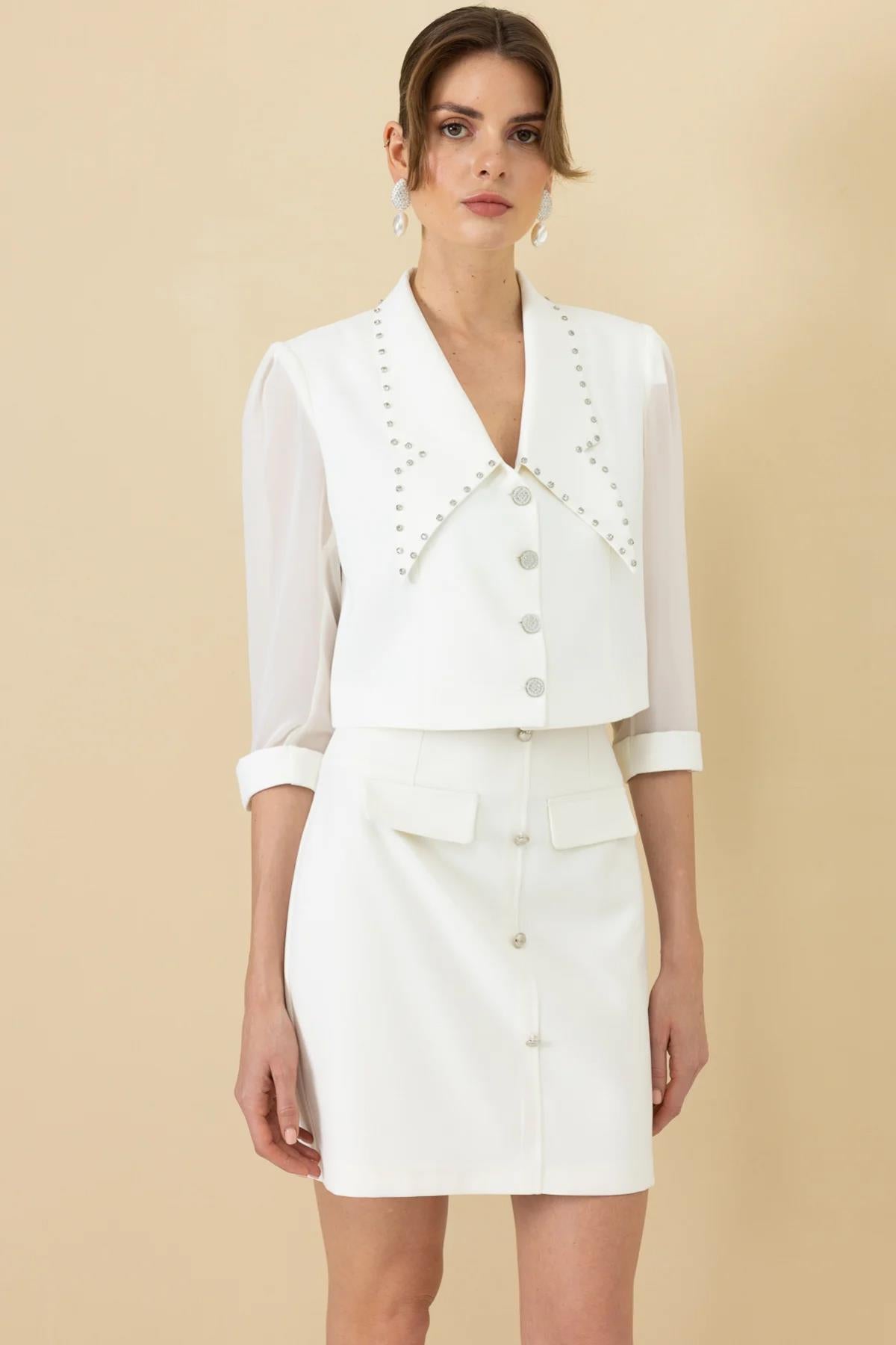 Stone Detailed Double Breasted Short Jacket