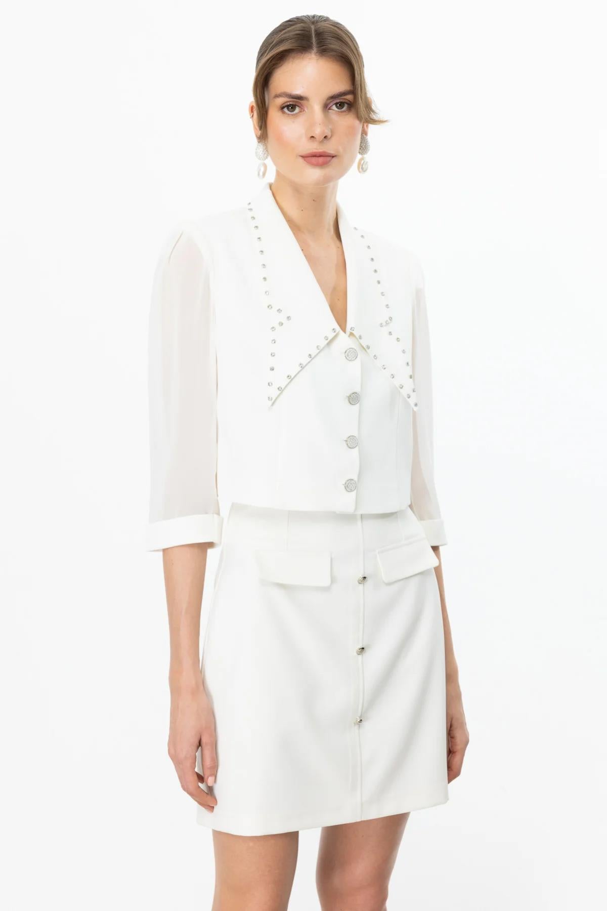 Stone Detailed Double Breasted Short Jacket