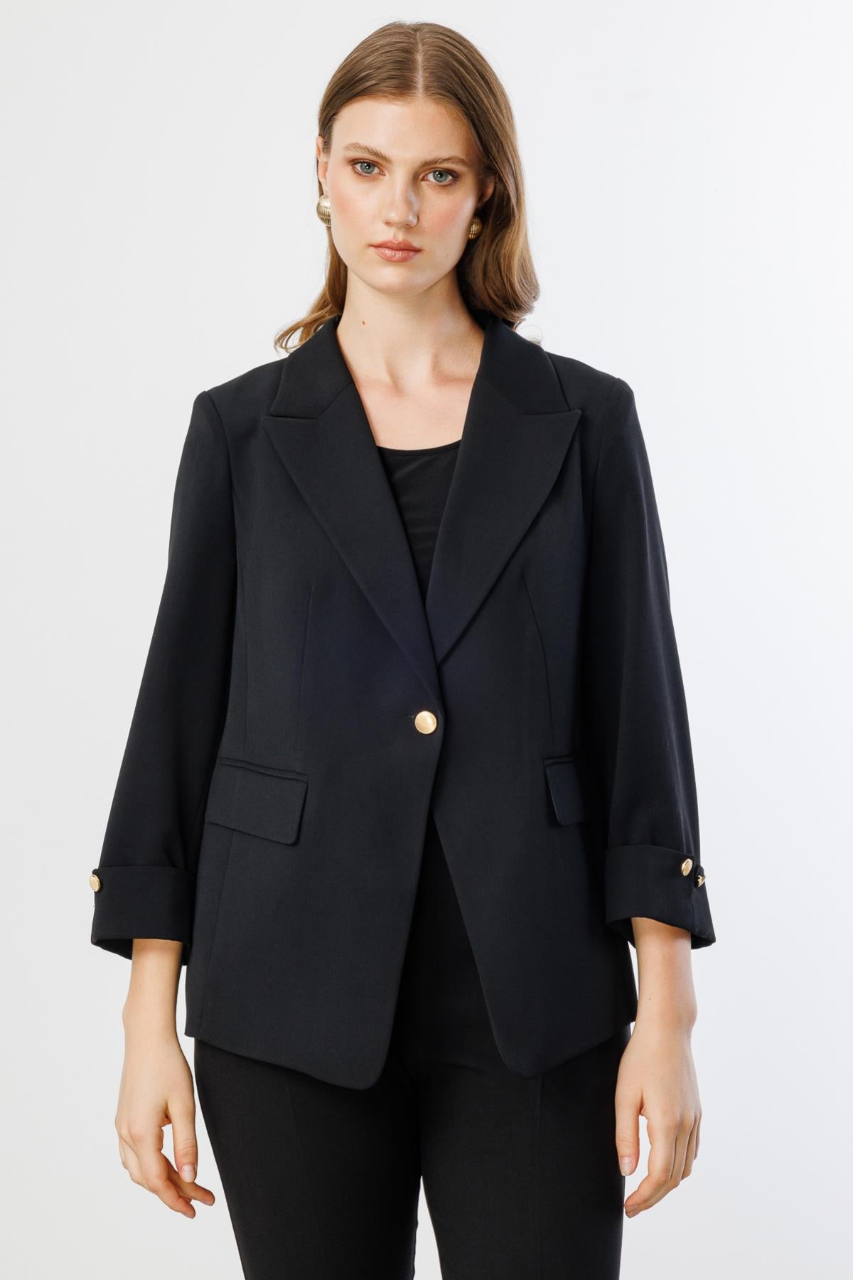 Single Button Plus Size Jacket with Folded Sleeves