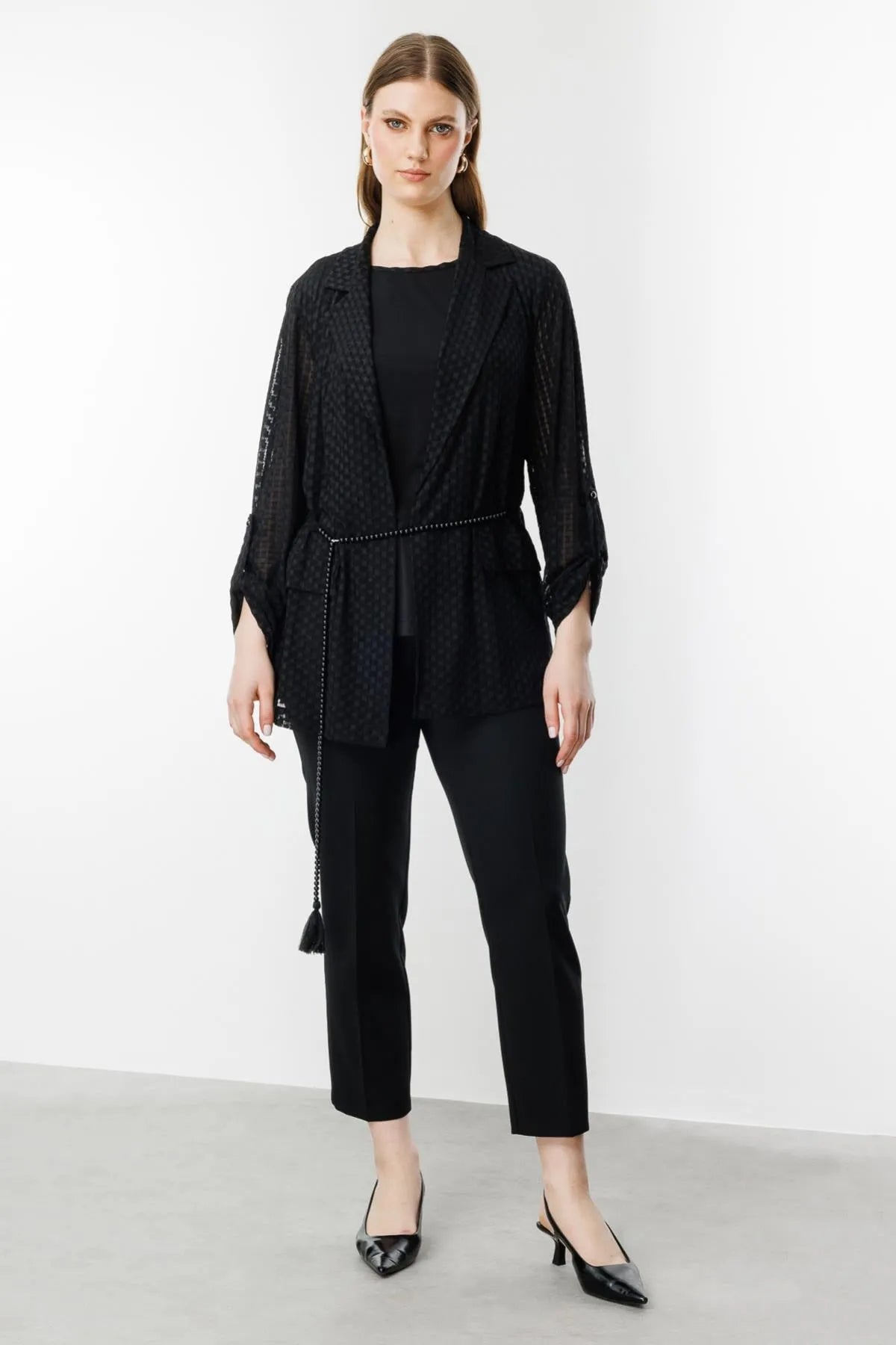 Undershirt and Waist Belted Plus Size Jacket