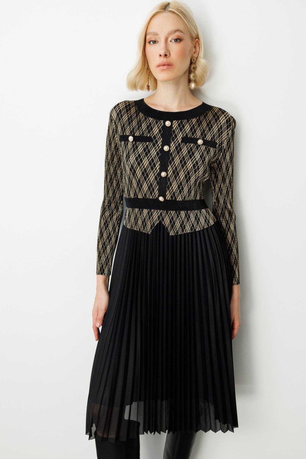 Accordion Fabric Pleated Dress with Decorative Buttons