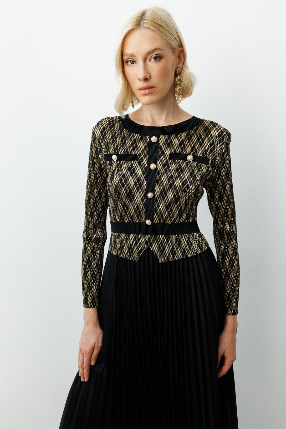 Accordion Fabric Pleated Dress with Decorative Buttons