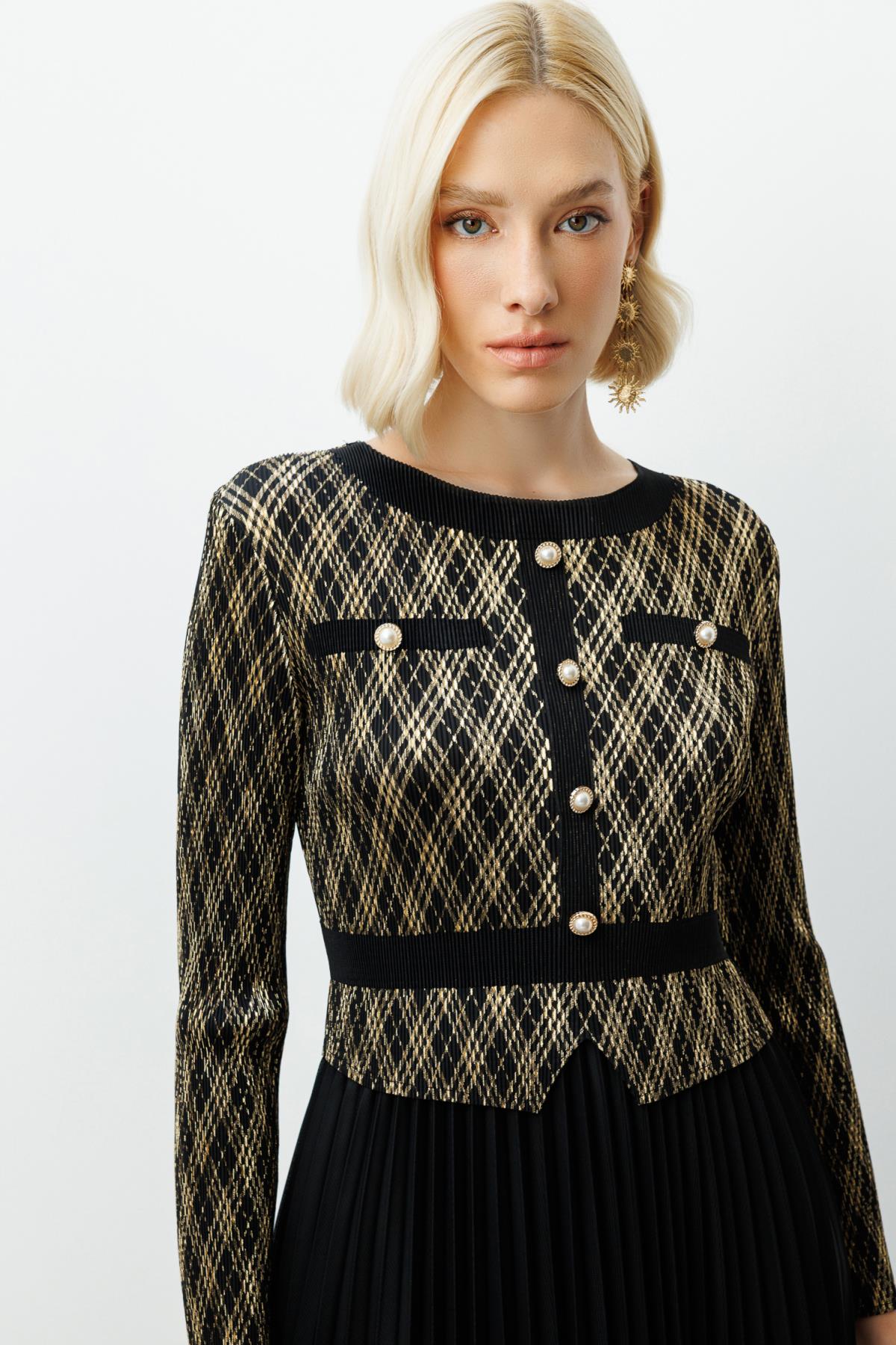 Accordion Fabric Pleated Dress with Decorative Buttons
