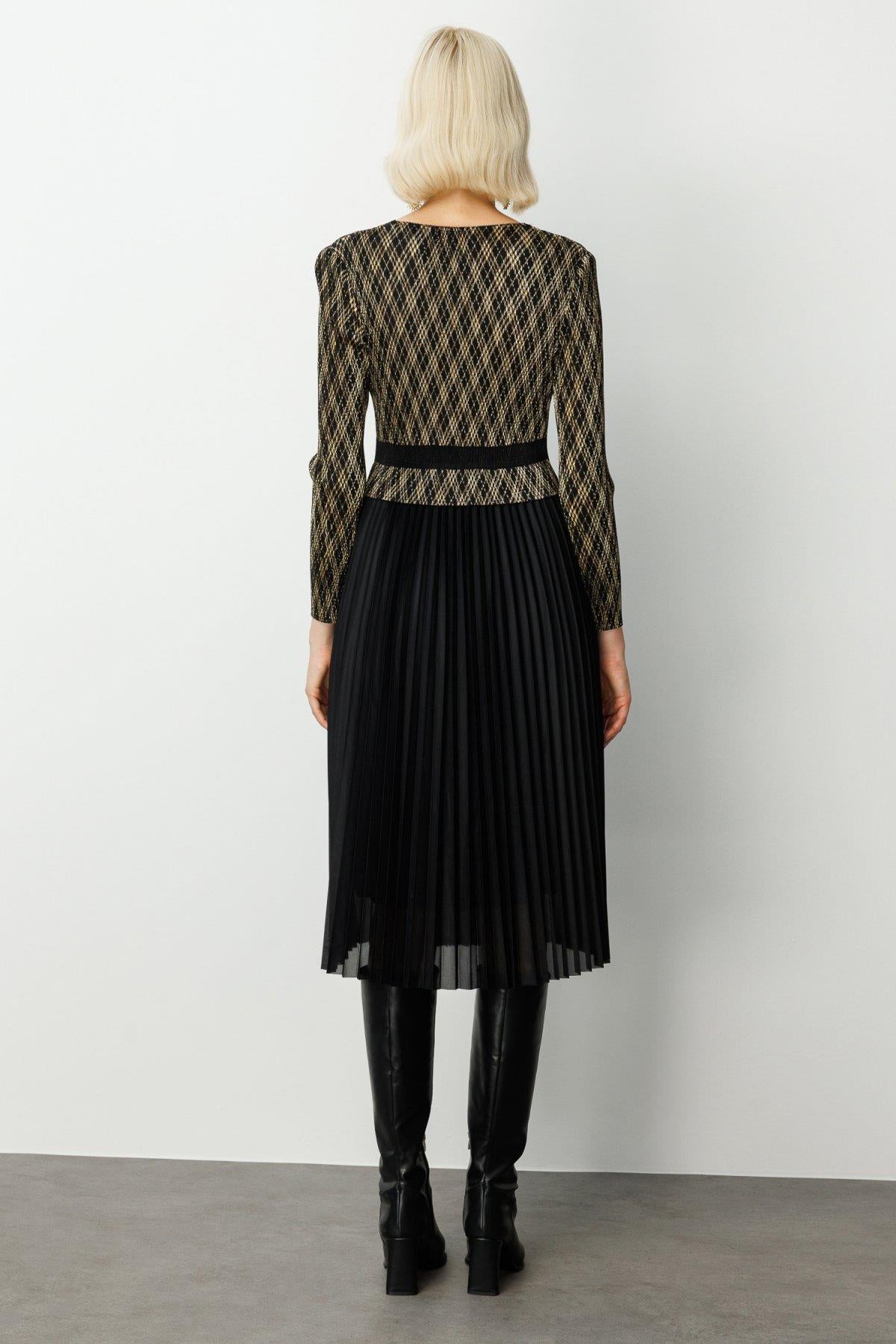 Accordion Fabric Pleated Dress with Decorative Buttons