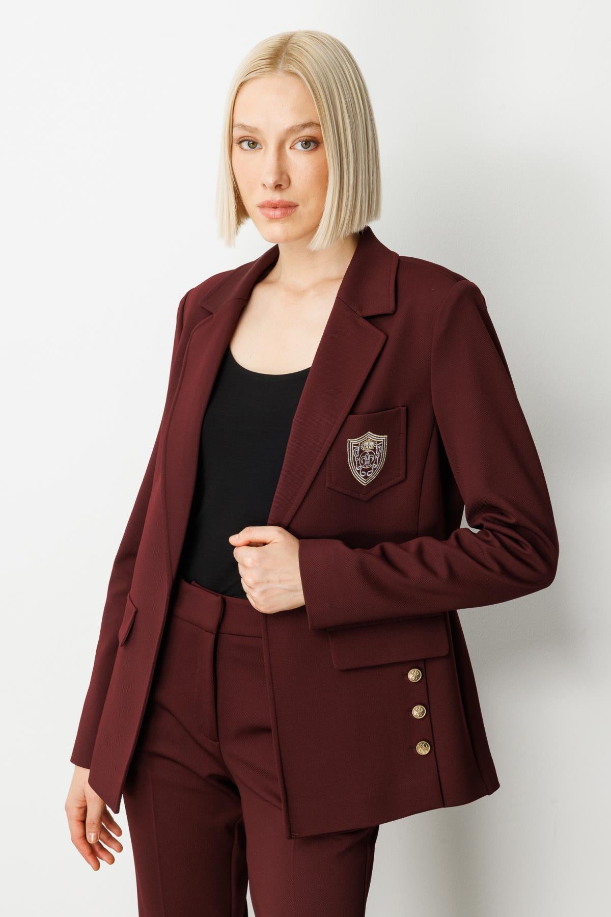 Long Sleeve Blazer Jacket with Emblem Detail