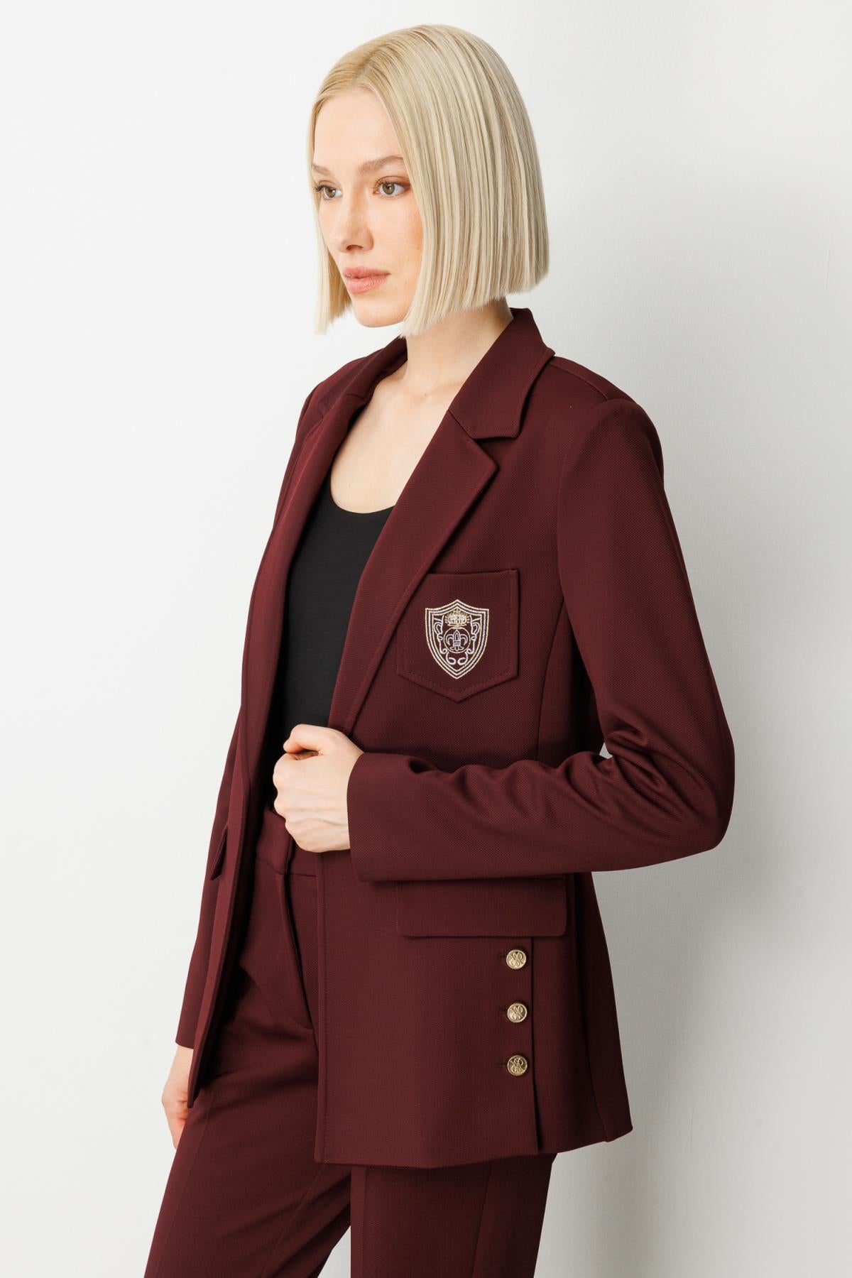 Long Sleeve Blazer Jacket with Emblem Detail
