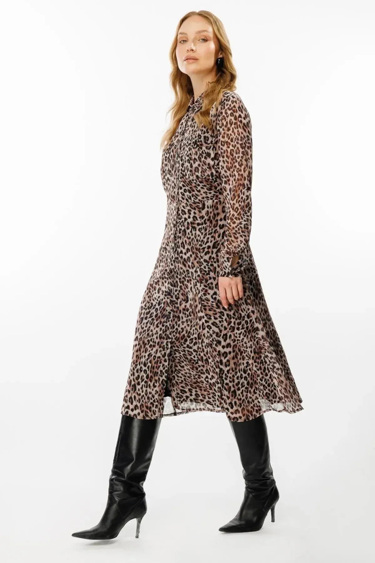 Leopar Desenli Önü Düğmeli Elbise
