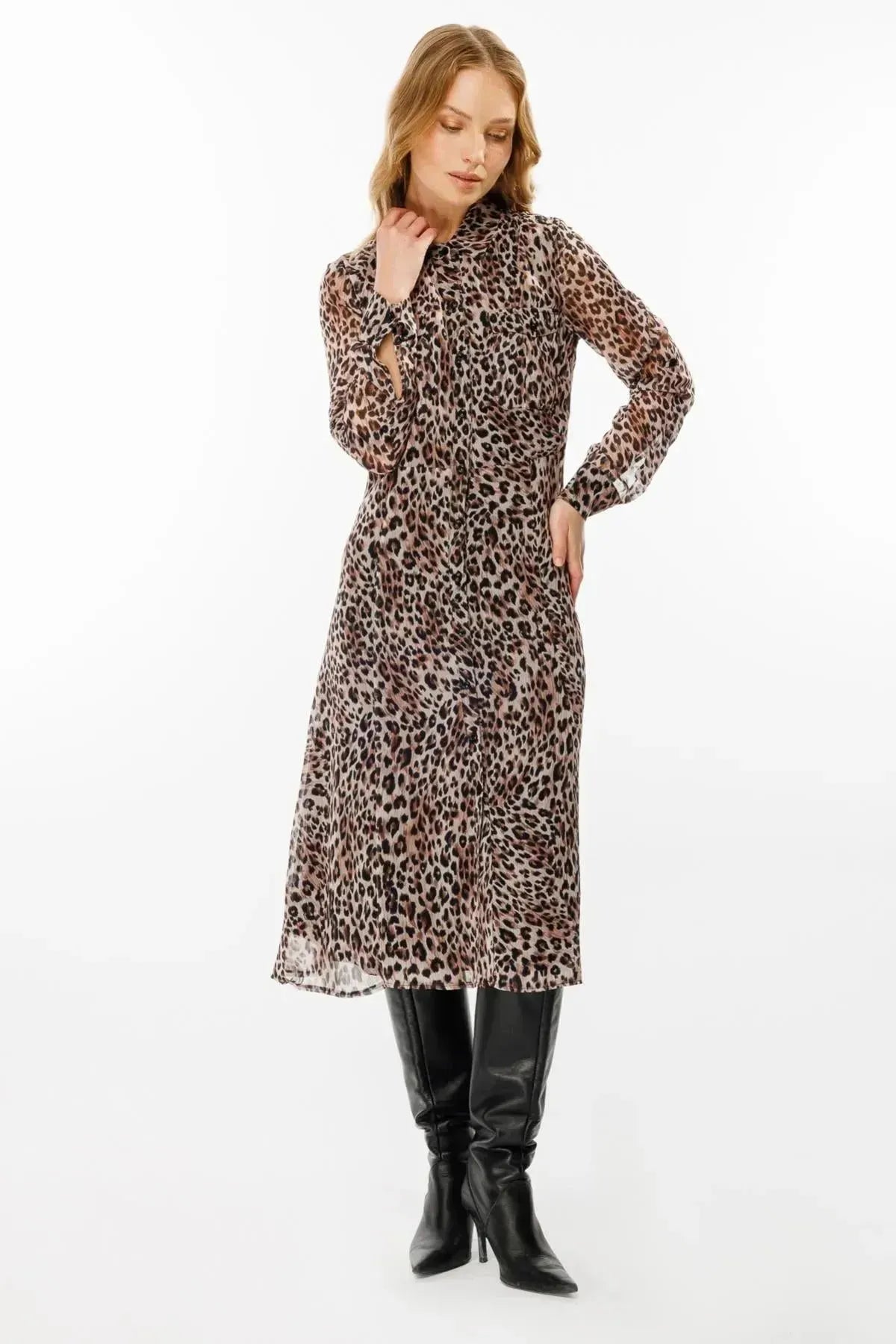 Leopar Desenli Önü Düğmeli Elbise