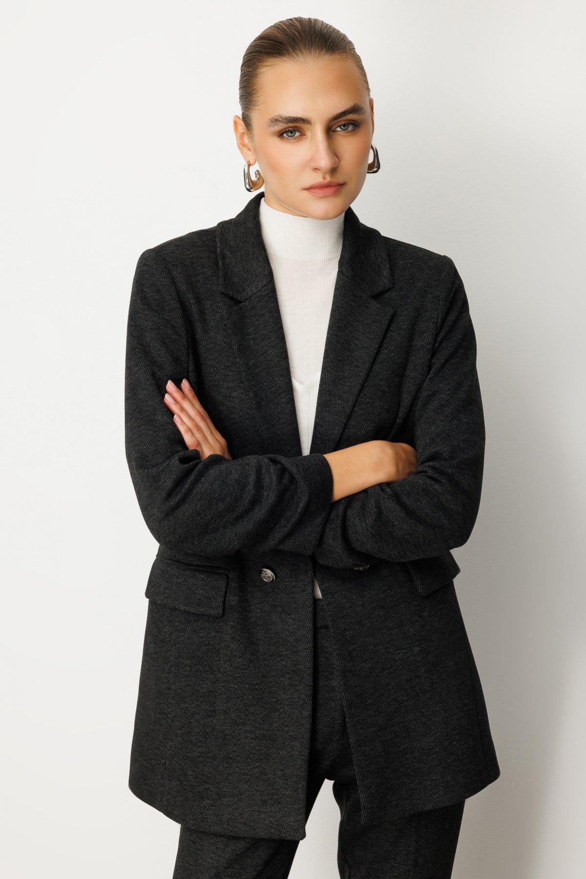 Jacket with Drawstring Sleeves and Flap Pockets and Back Button Detail
