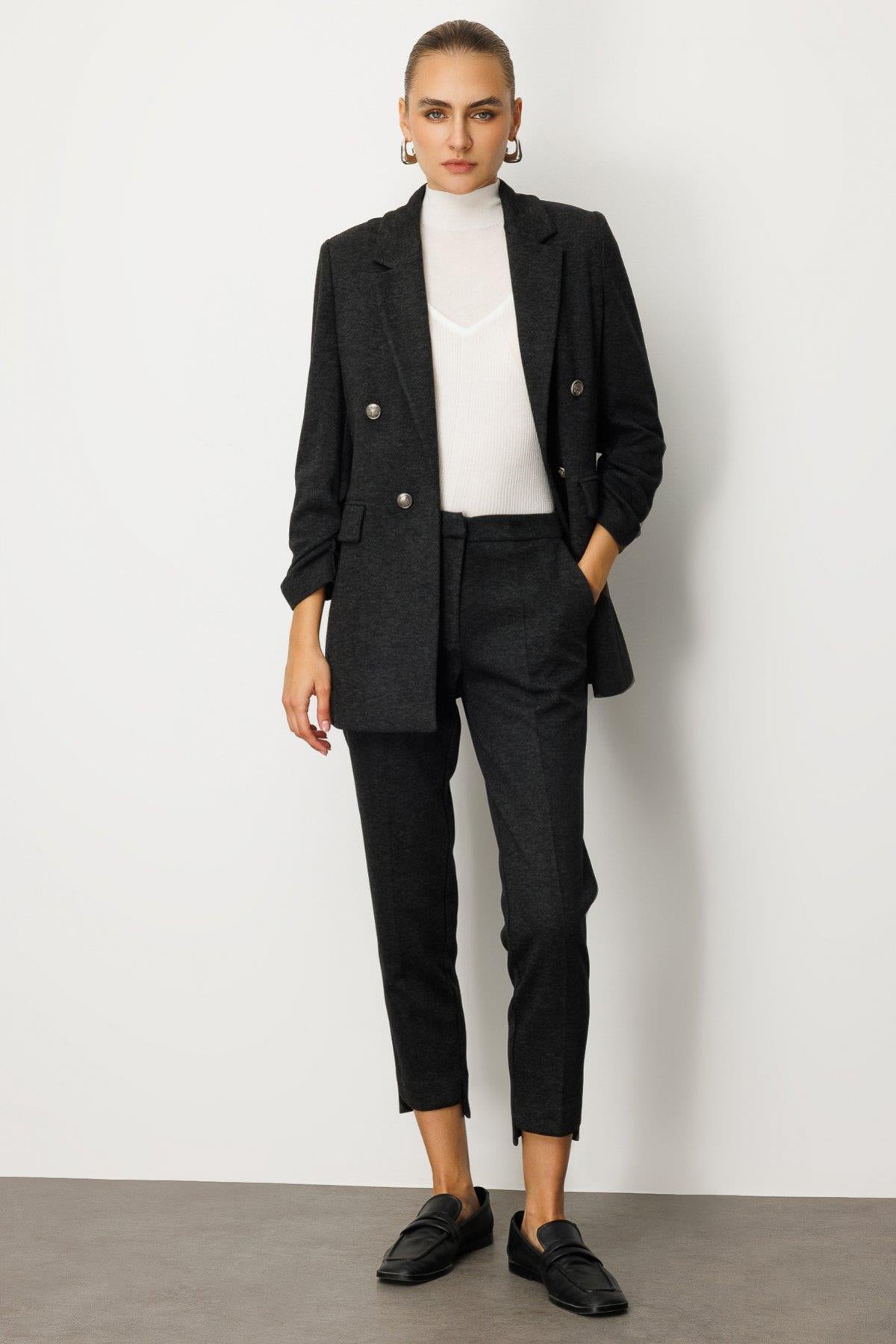 Jacket with Drawstring Sleeves and Flap Pockets and Back Button Detail