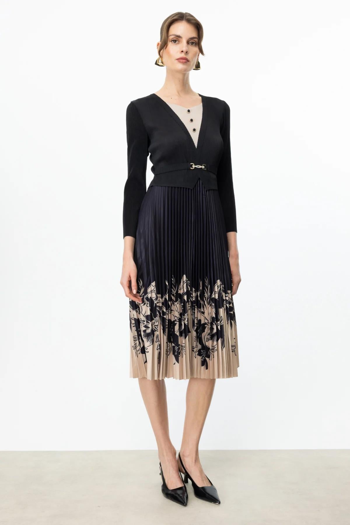 Piliseli Kumaş Desenli Midi Elbise