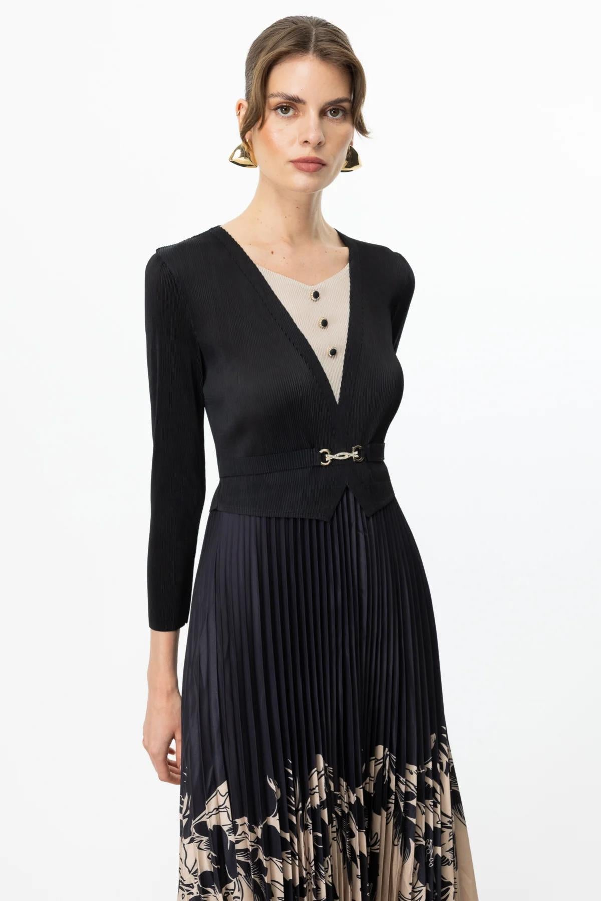 Piliseli Kumaş Desenli Midi Elbise