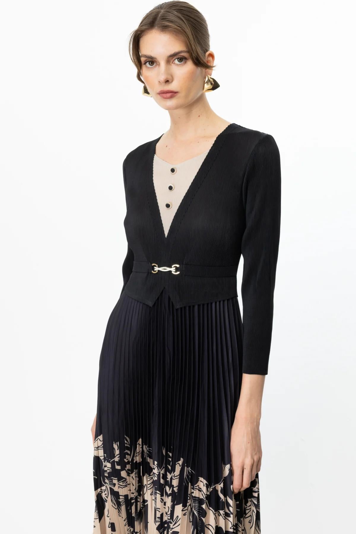 Piliseli Kumaş Desenli Midi Elbise