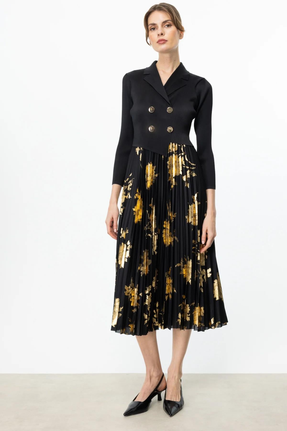 Ceket Yaka Piliseli Kumaş Midi Elbise