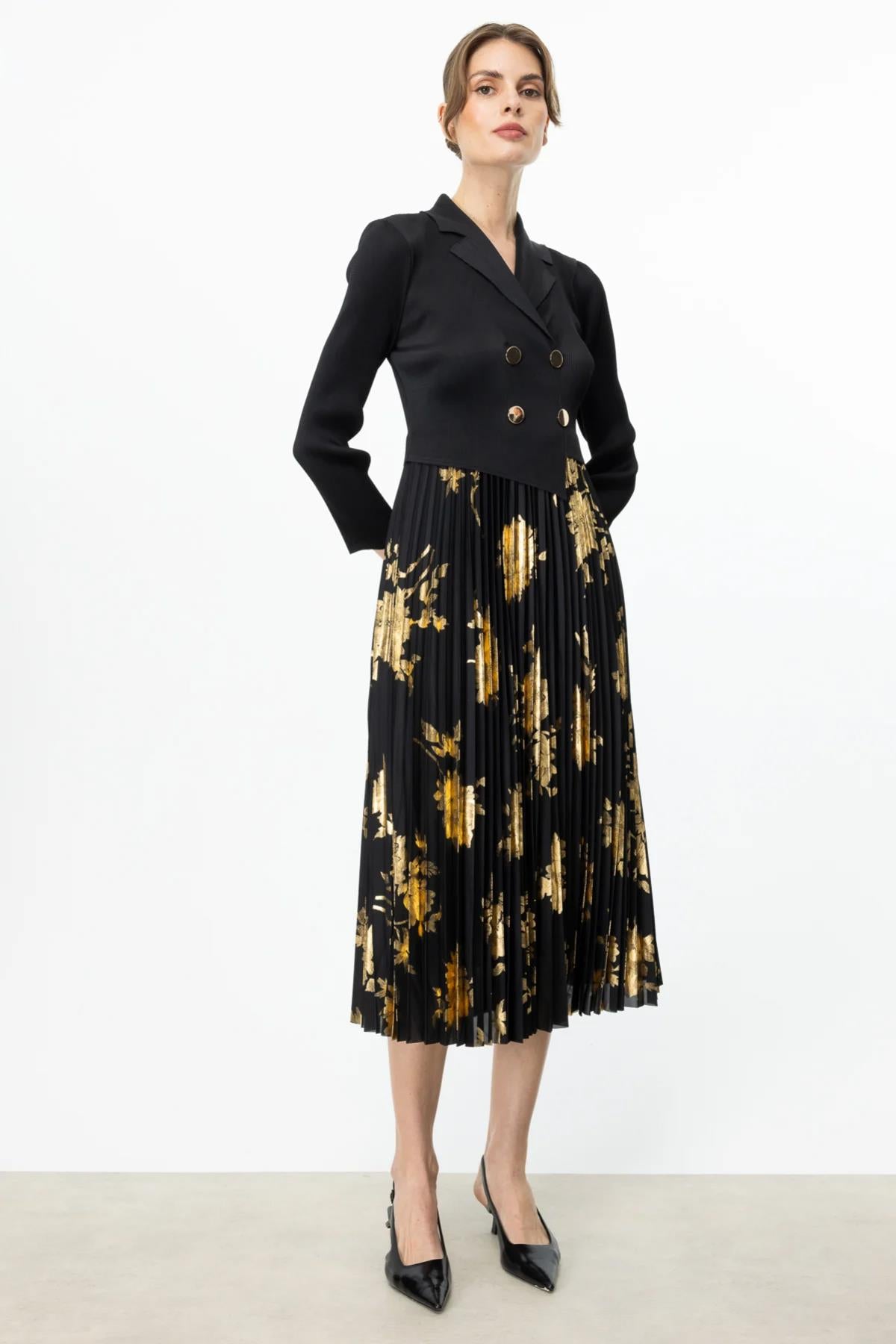 Ceket Yaka Piliseli Kumaş Midi Elbise