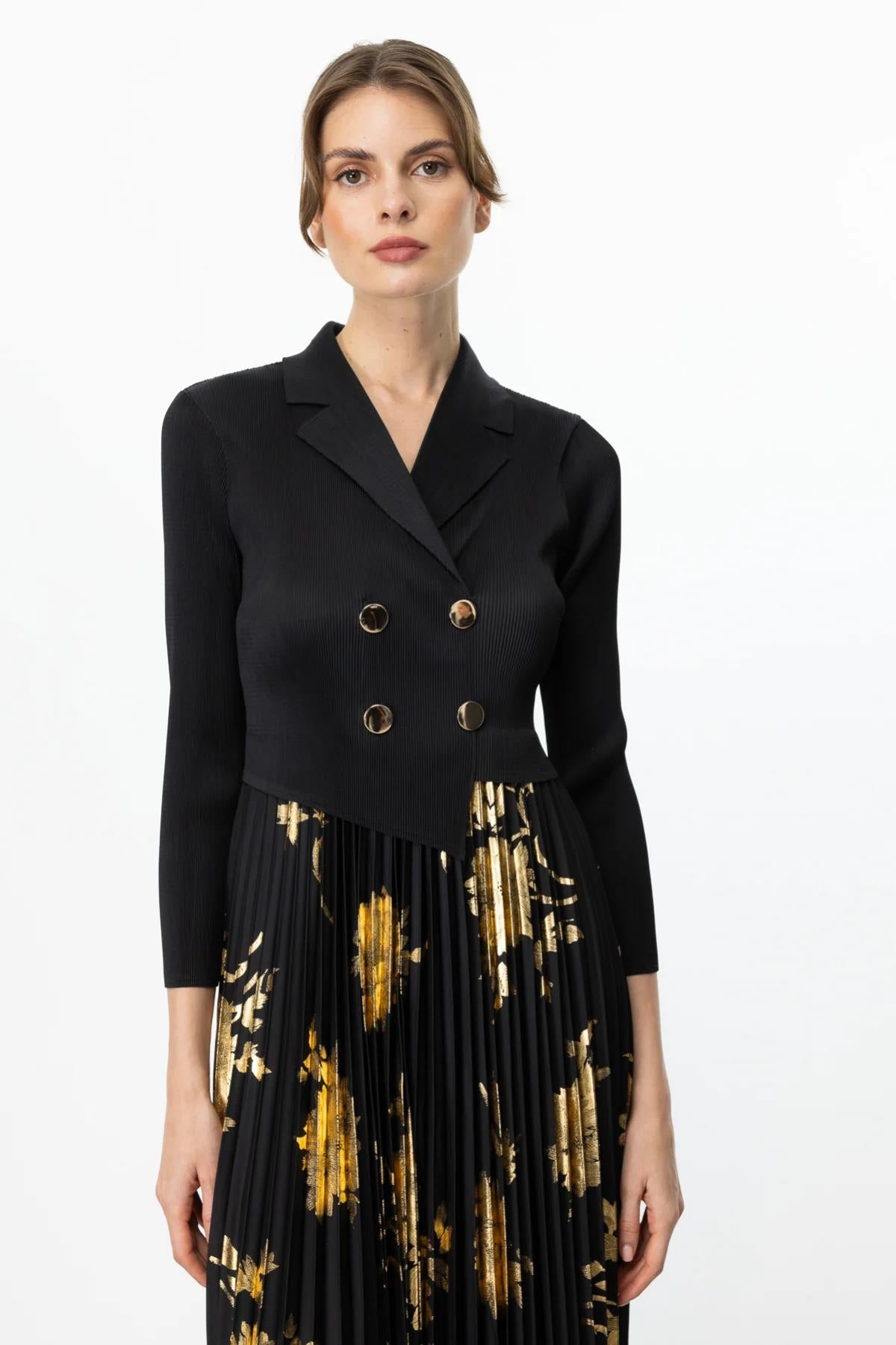 Ceket Yaka Piliseli Kumaş Midi Elbise