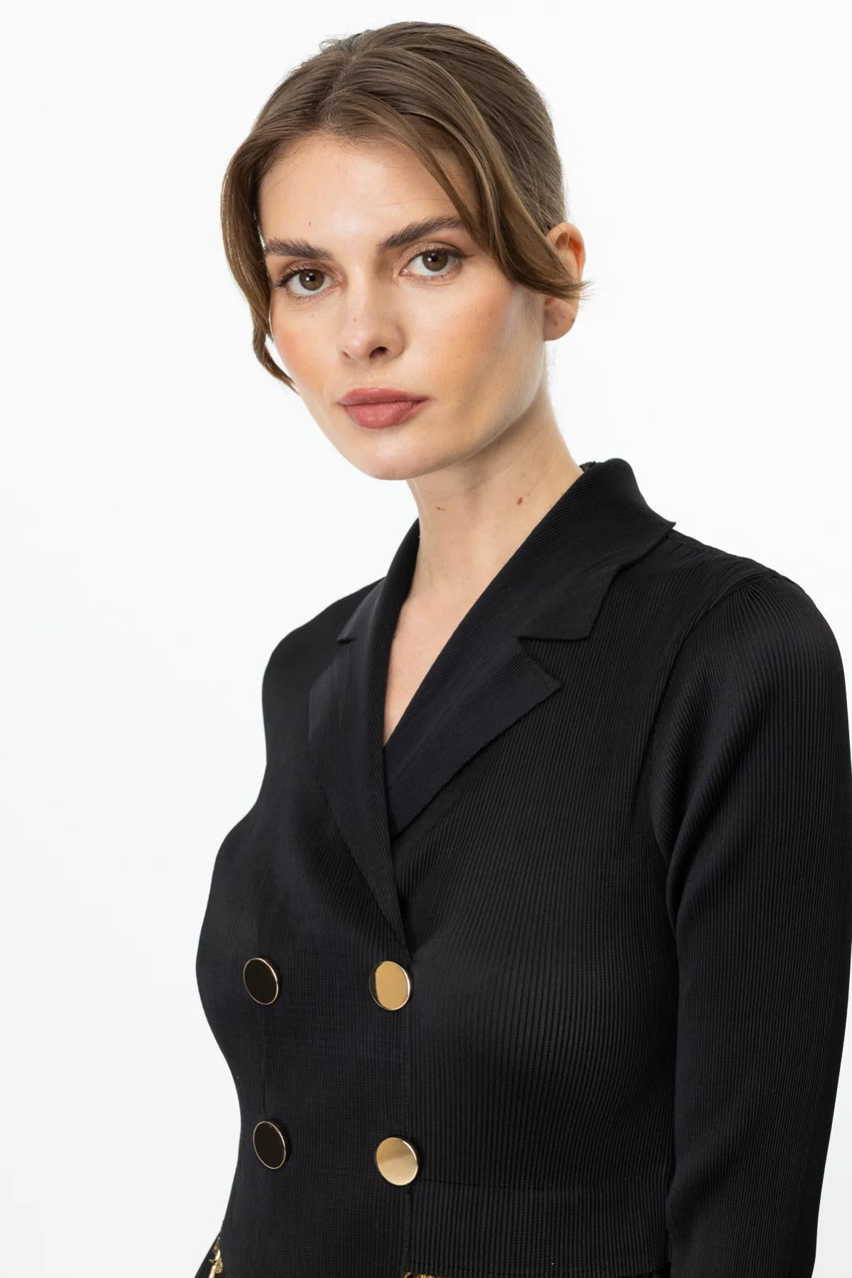 Ceket Yaka Piliseli Kumaş Midi Elbise